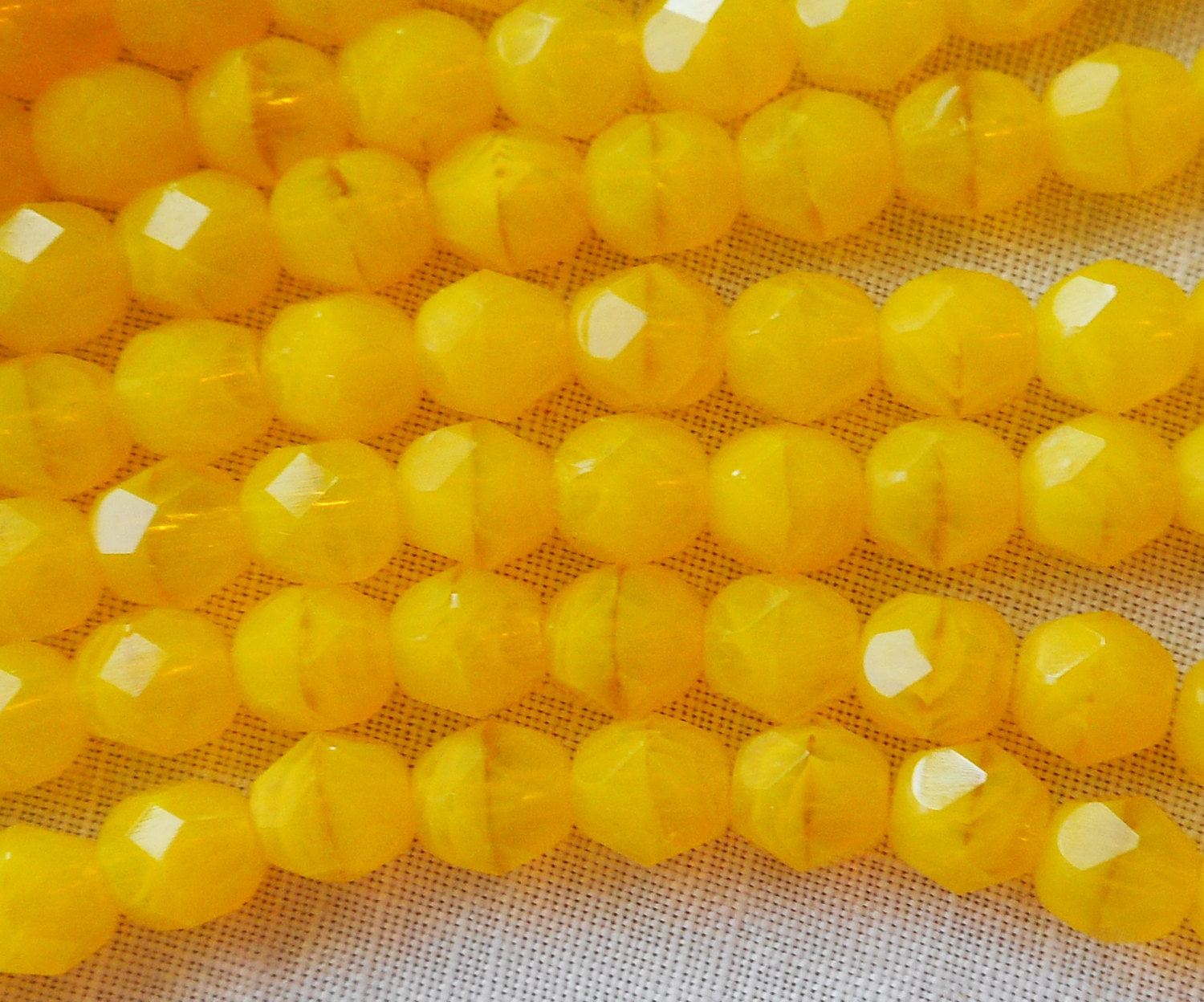 24 6mm Milky Yellow Czech glass beads, bright yellow fire polished, faceted round beads, C7401
