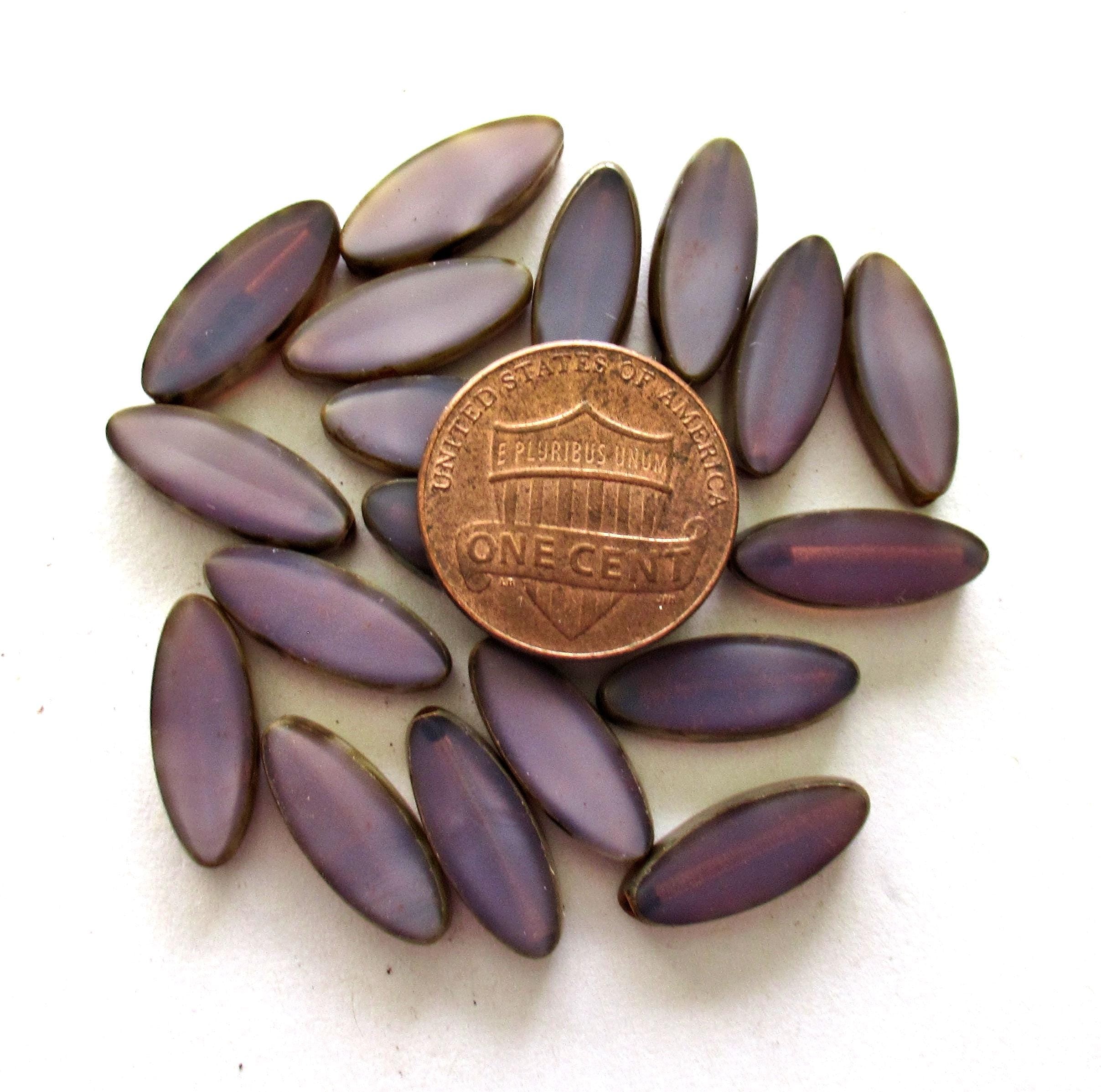 Ten Czech glass spindle beads - purple or amethyst & lavender picasso bead mix - 16mm x 6mm - table cut almond shaped beads - C00331
