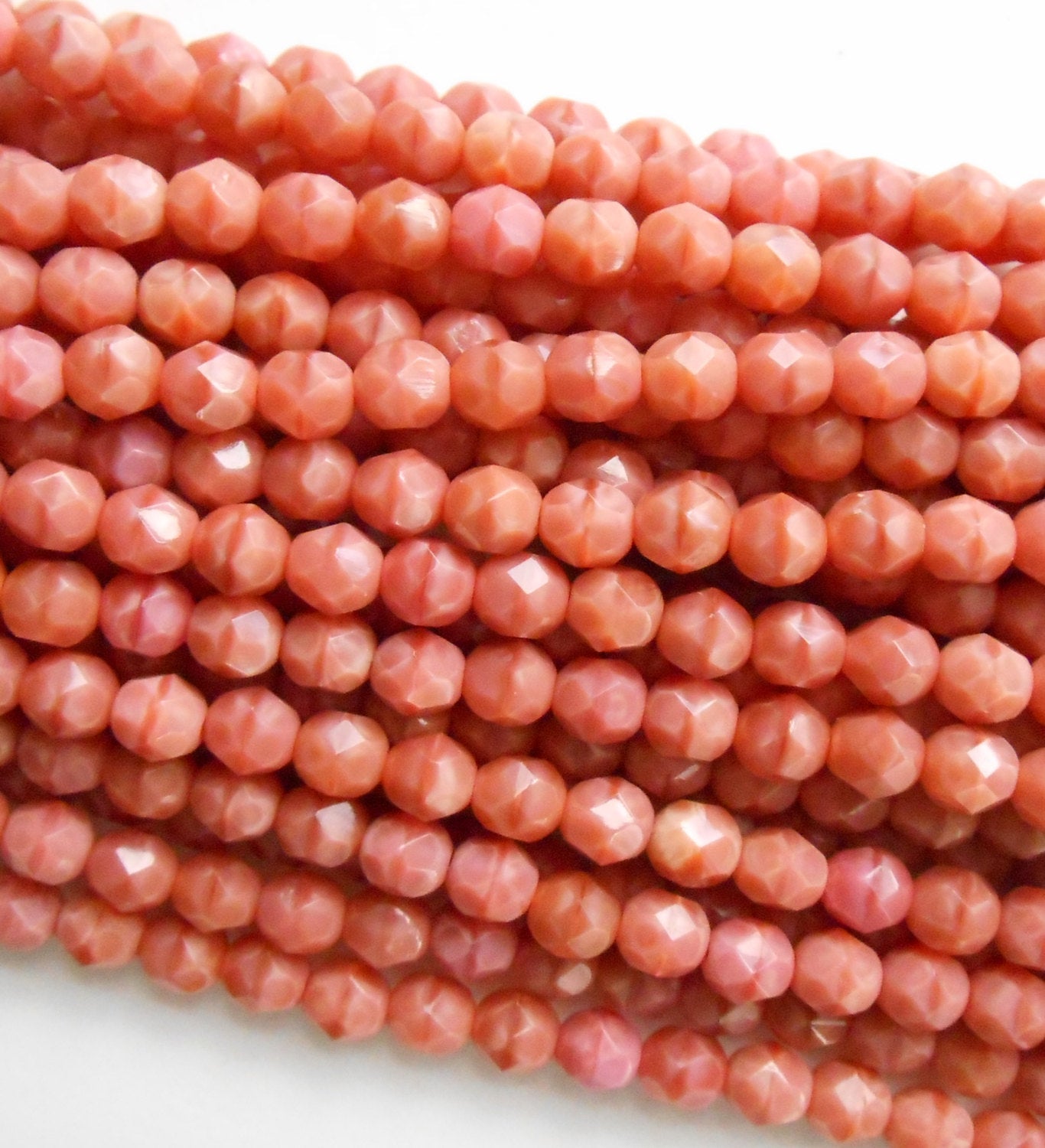 25 6mm Opaque Pink Coral Czech glass beads, salmon firepolished, faceted round beads, C9525 - Glorious Glass Beads