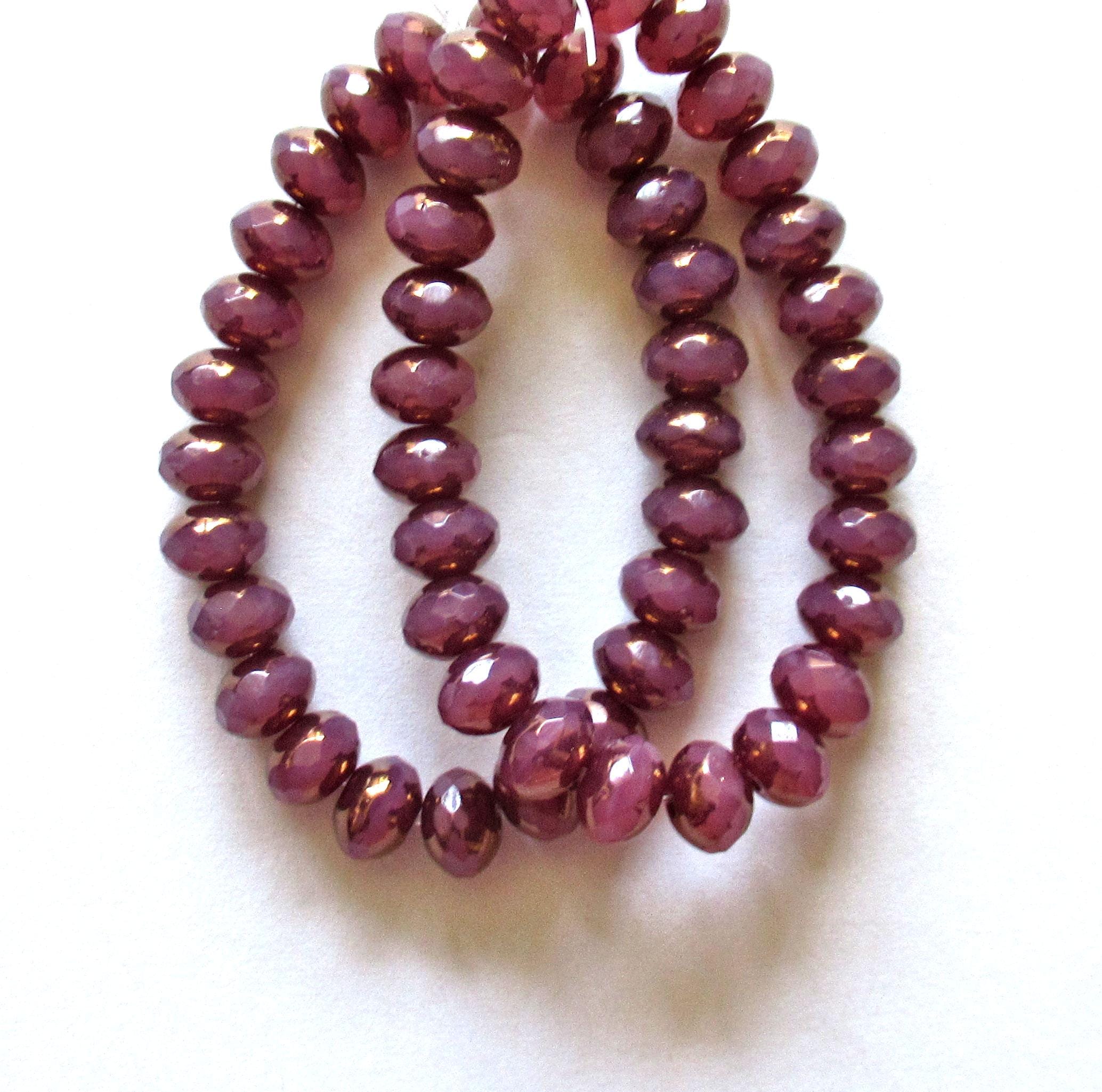 25 Czech glass faceted puffy rondelle beads - 5 x 7mm milky pink opal w/ gold accents - C00892