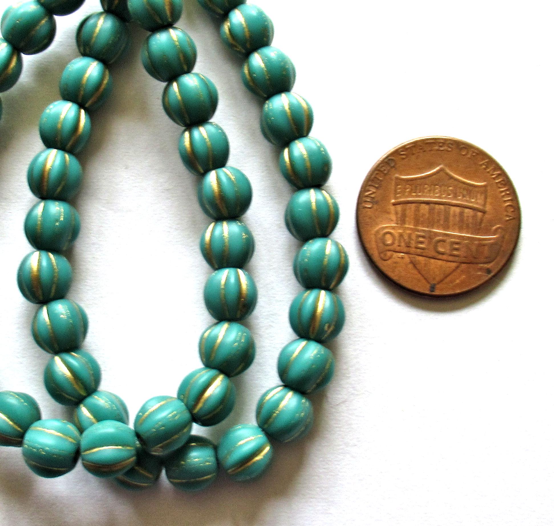 25 Czech glass melon beads - 6mm - opaque dark turquoise green with gold accents - C00601