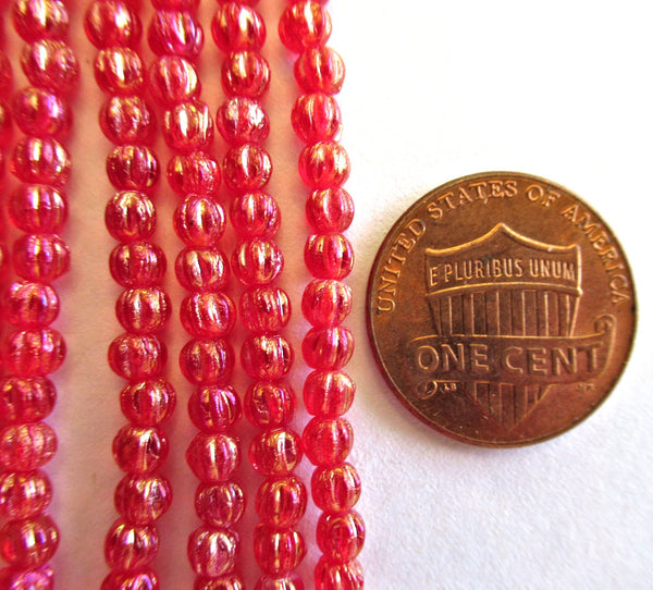 100 3mm Czech glass melon beads - Transparent Luster Iris Ruby Red - siam red pressed glass beads C0029