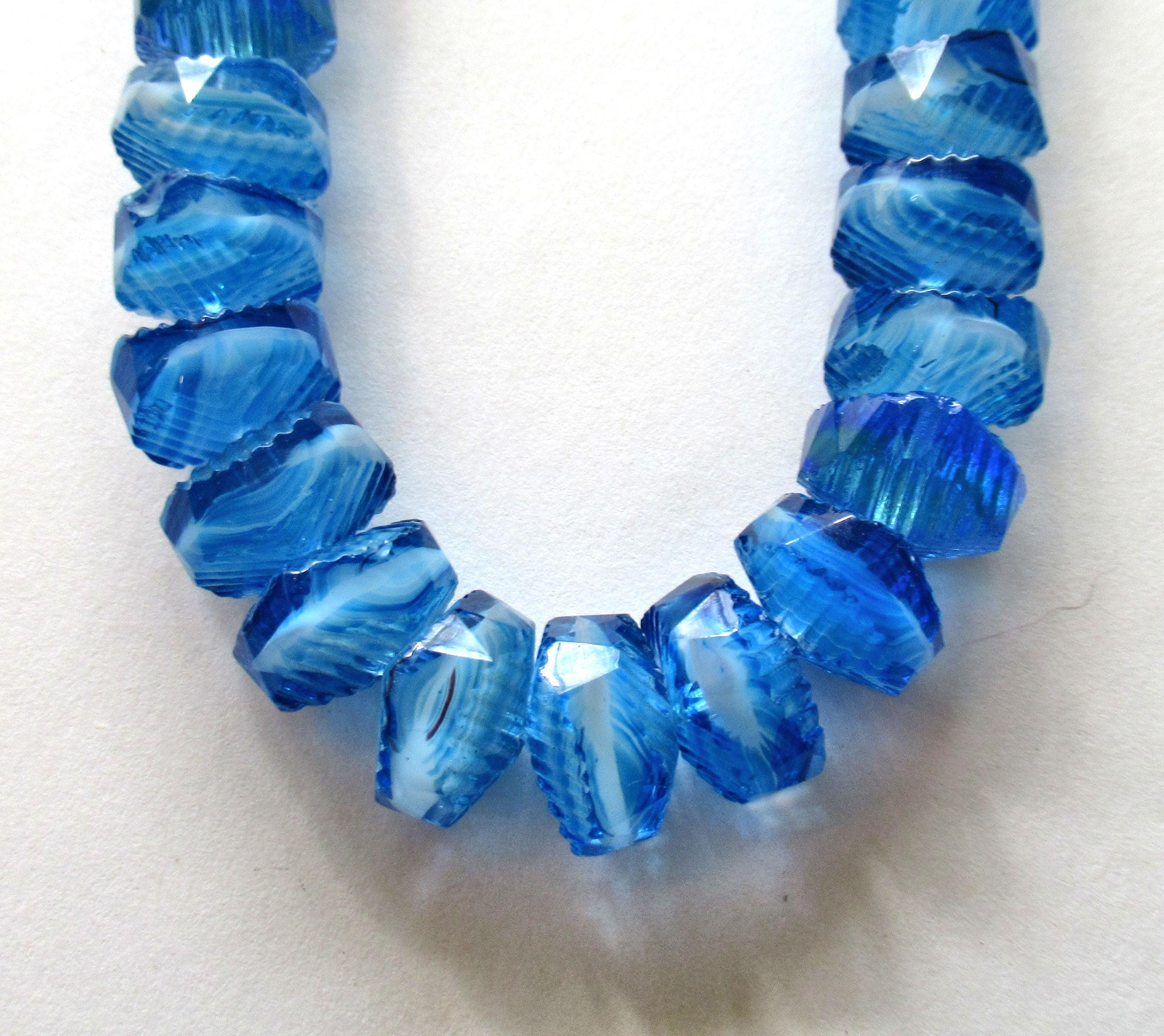 Six Czech glass faceted wavy rondelle beads - large 14 x 6mm - aqua blue & white - chunky statement or focal beads - C00291
