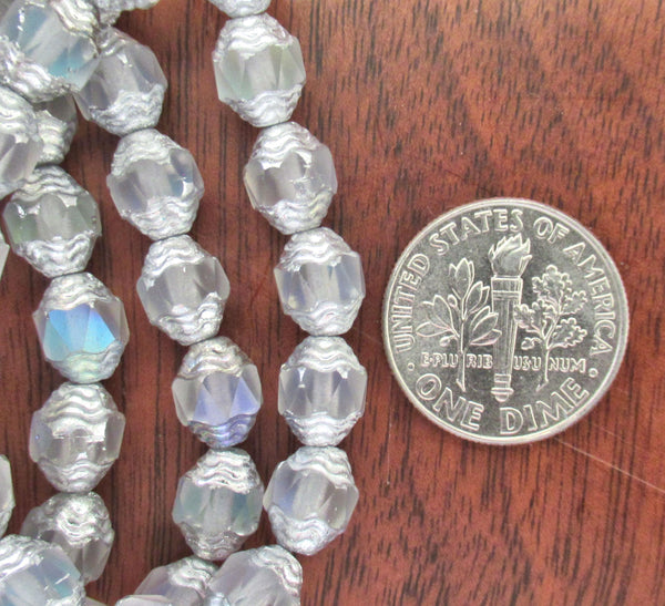 15 Czech glass mini antique style faceted oval beads - 8 x 6mm matte crystal clear ab with silver accents - C00071