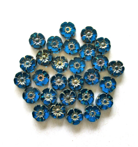 Ten Czech glass flower beads - 10mm - transparent capri blue picasso Hawaiian hibiscus flowers - table cut carved floral - C00101
