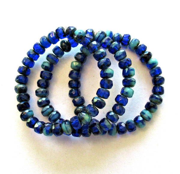 30 Czech glass puffy rondelle beads - 3 x 5mm transparent cobalt blue & opaque turquoise color mix faceted fire polished rondelles 00041