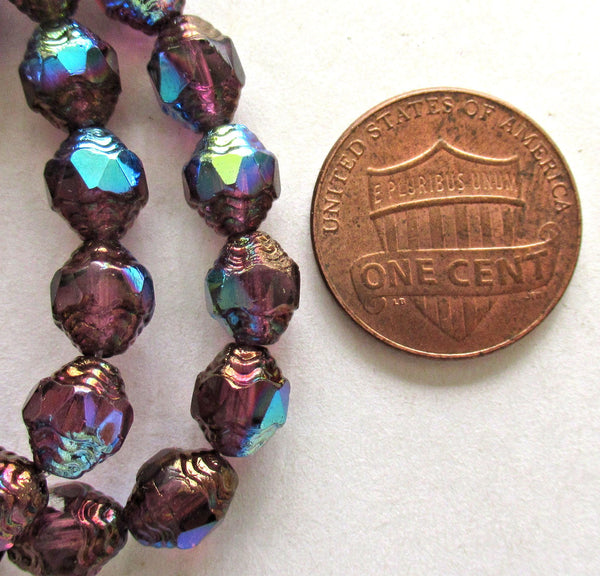 15 Czech glass mini antique style oval beads - 8 x 6mm amethyst purple ab beads with bronze accents - faceted fire polished beads - C00191