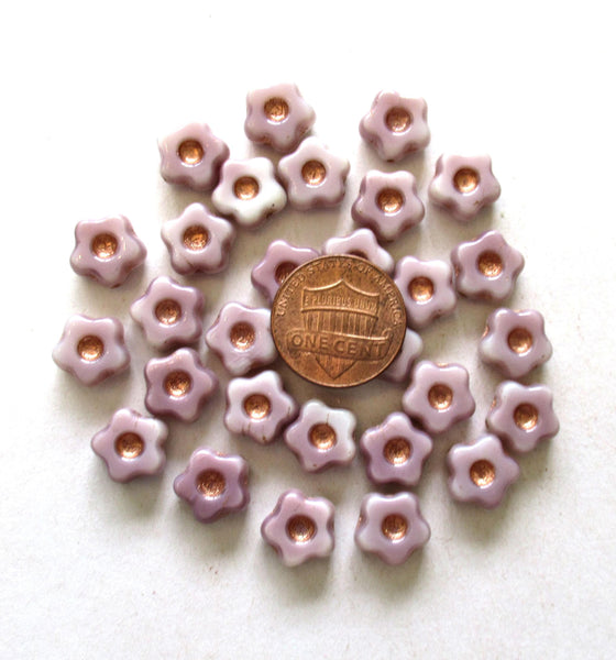 Czech glass flower or star beads - 11mm - opaque light amethyst purple / lavender beads with copper accents - 15 pieces - C00831