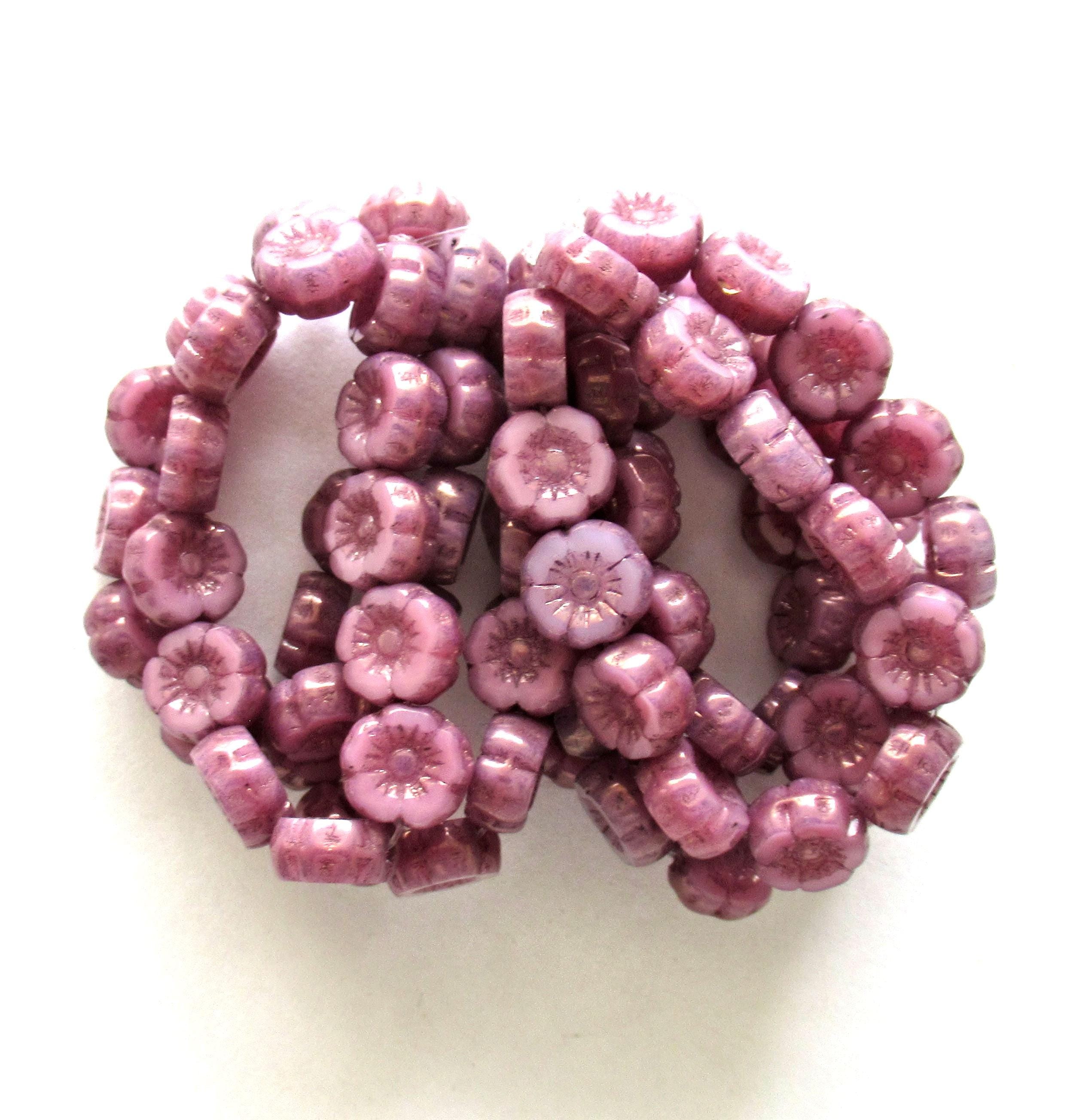 Lot of twelve 7mm Czech glass flower beads - pink opal with bronze accents - table cut carved Hawaiian hibiscus floral beads - C00081