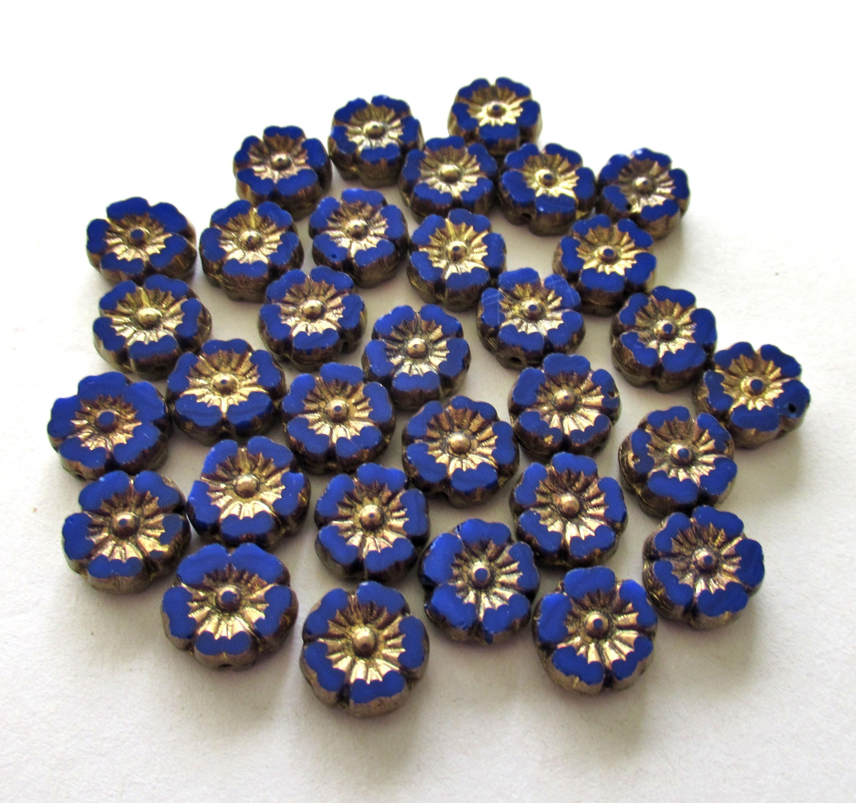Lot of 16 9mm Czech glass flower beads - opaque royal blue beads w/ gold accents - Hawaiian hibiscus table cut carved beads C00591
