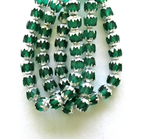 20 6mm Czech glass cathedral beads - emerald green w/ silver picasso accents - faceted fire polished antique cut beads C00611