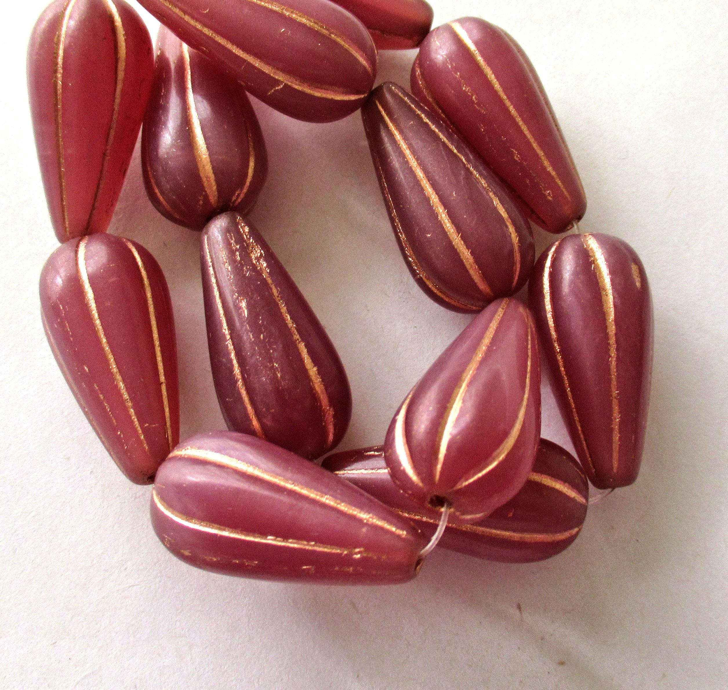 Six large Czech glass teardrop melon beads - milky pink opal w/ copper accents - 22 x 11mm tear drops 00391