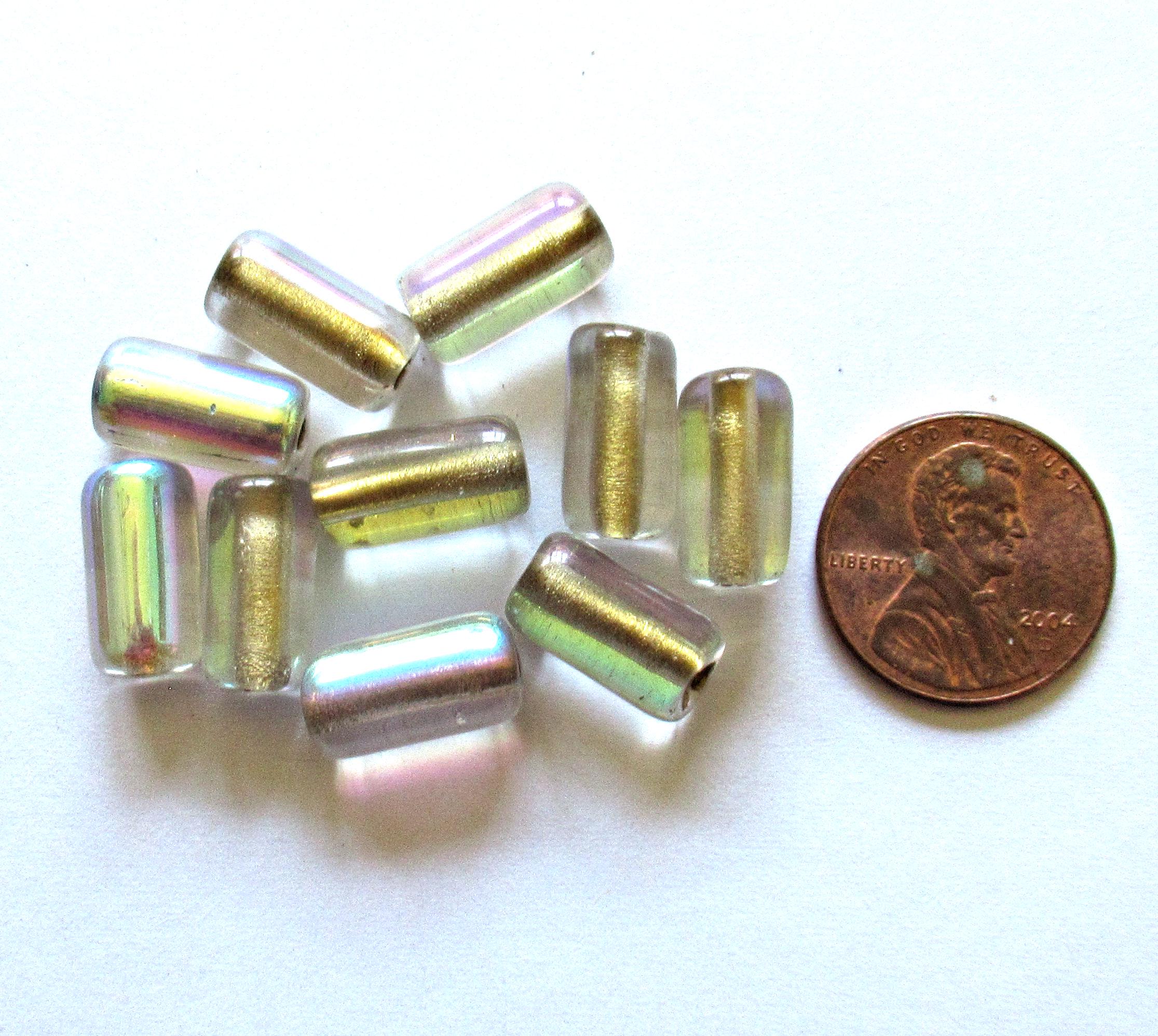Ten Czech glass tube beads - crystal clear AB w/ gold lining - big 2mm holes - 7 x 14mm - C00081