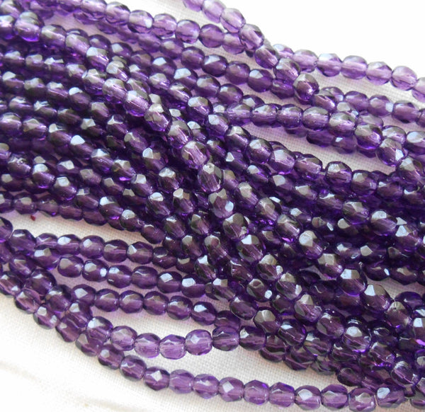 50 3mm Tanzanite Czech glass beads, purple, amethyst, firepolished, faceted round beads, C1450