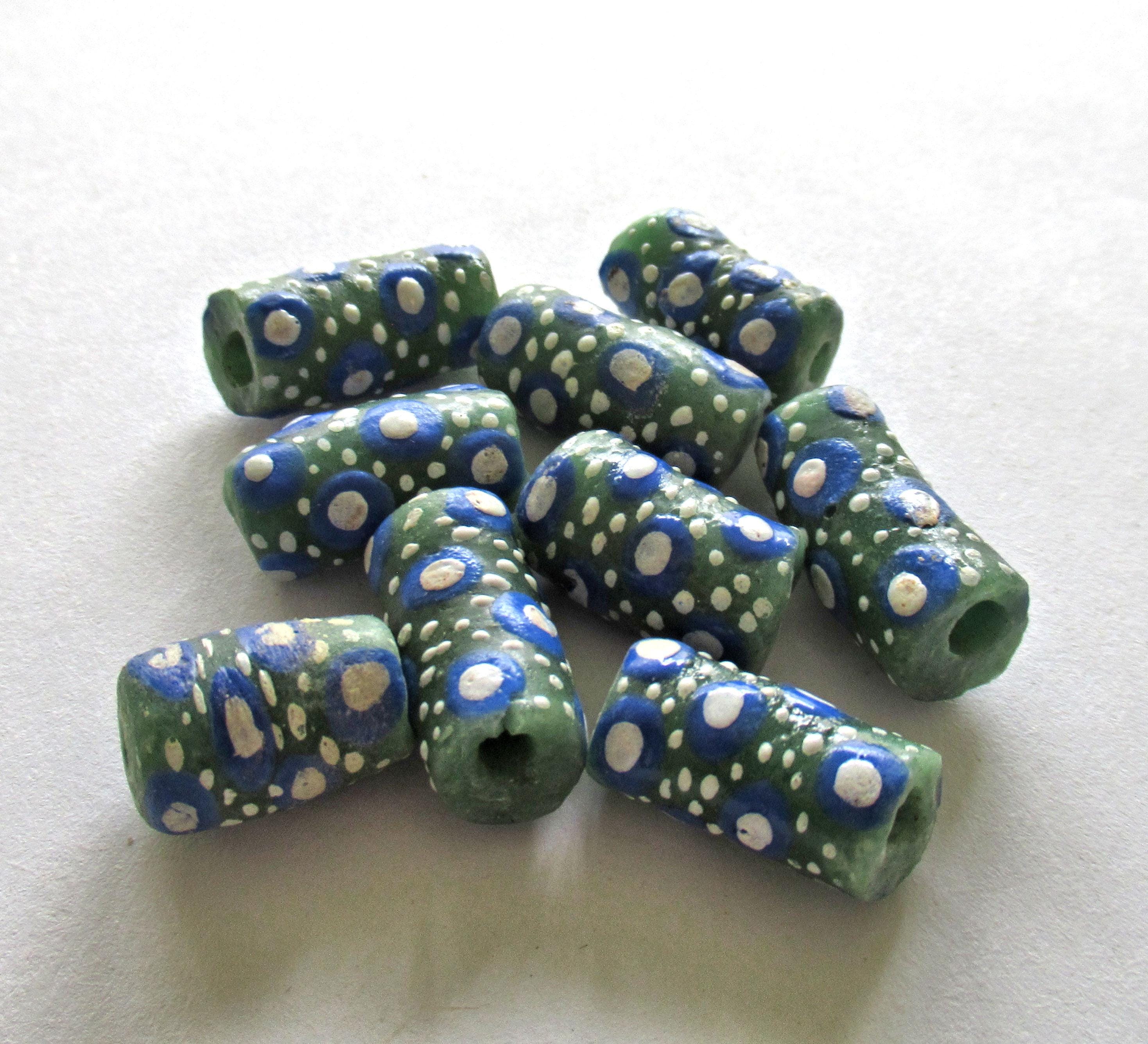5 African Ghana glass curved tube beads - green beads w/ white& blue dots - 21 - 15.5mm by 9 - 10.5mm - big hole rustic beads - C00161