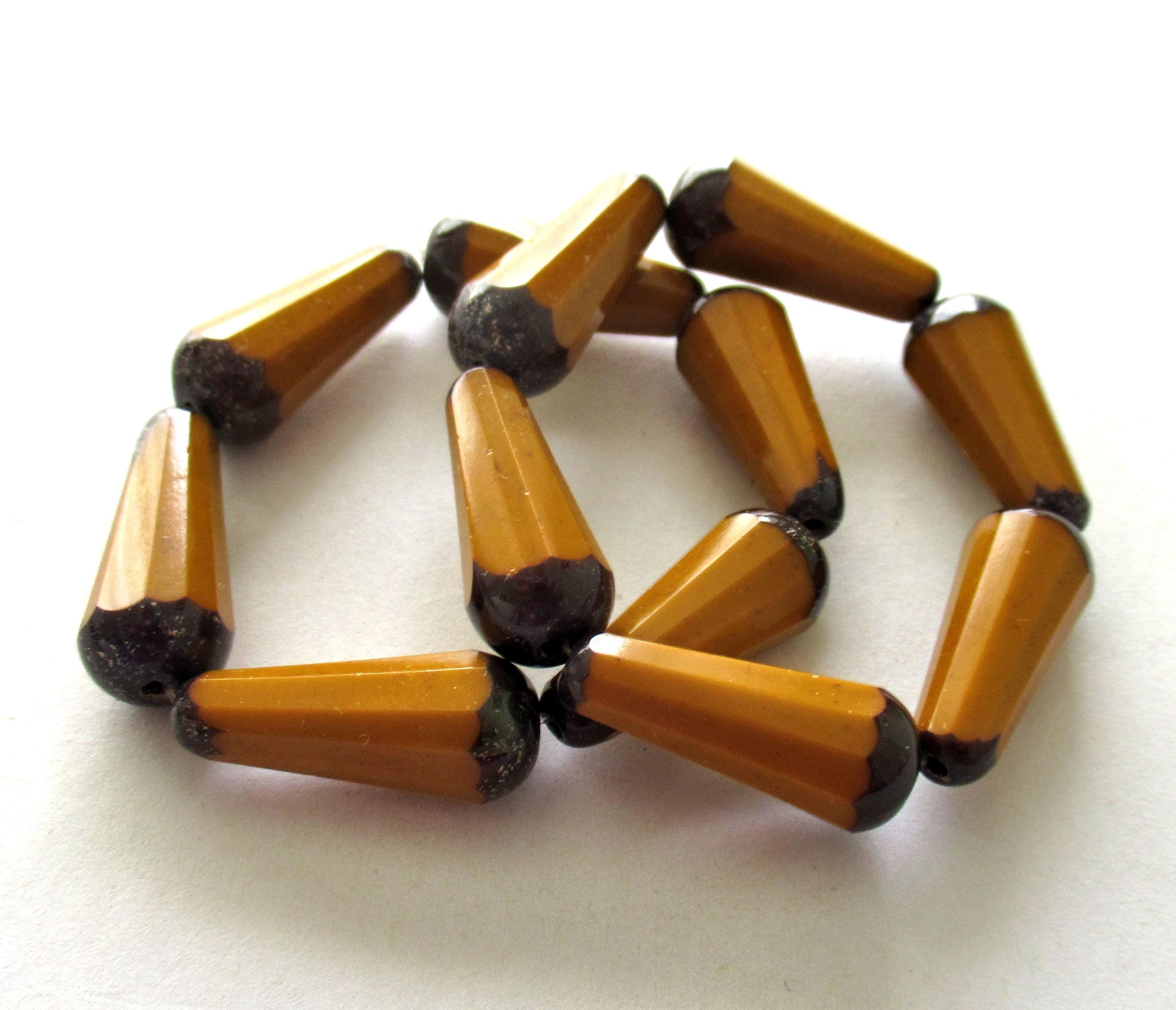 Six Czech glass long faceted teardrop beads - opaque pumpkin orange w/ picasso accents - 9 x 20mm elongated tear drops 00152