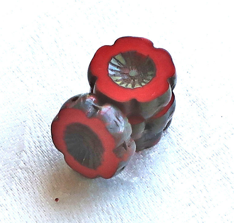 Five 5 Czech glass flower beads. 14mm table cut, carved, opaque bright coral red picasso Czech glass Hawaiian flower beads C00105 - Glorious Glass Beads