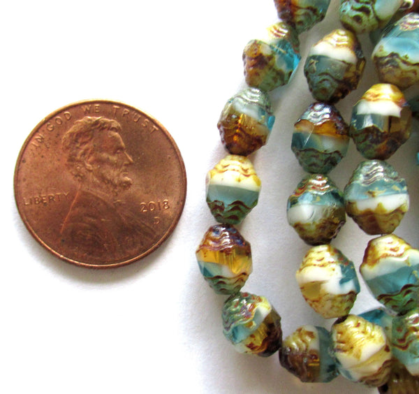 15 Czech glass mini antique style faceted oval beads - 8 x 6mm amber blue and white color mix beads with a picasso finish - C00071
