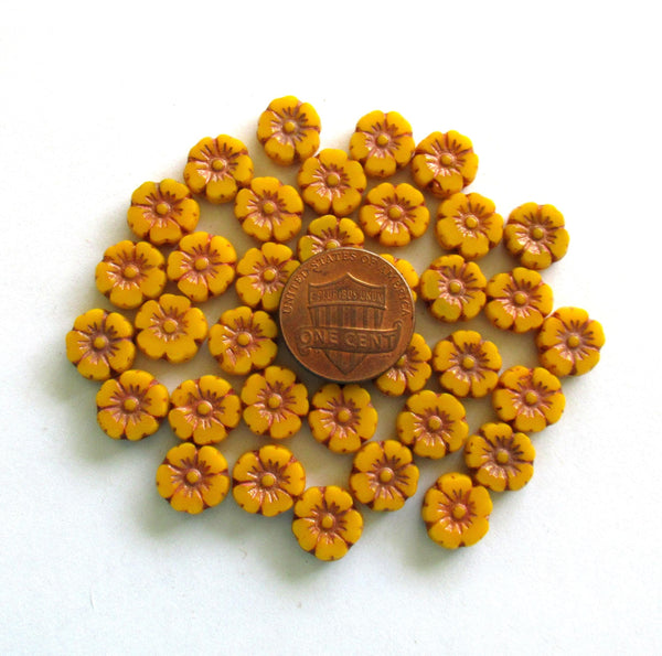 Czech glass flower beads - opaque marigold yellow orange w/ copper wash - 10mm - table cut - Hawaiian hibiscus beads - 10 beads - C00471