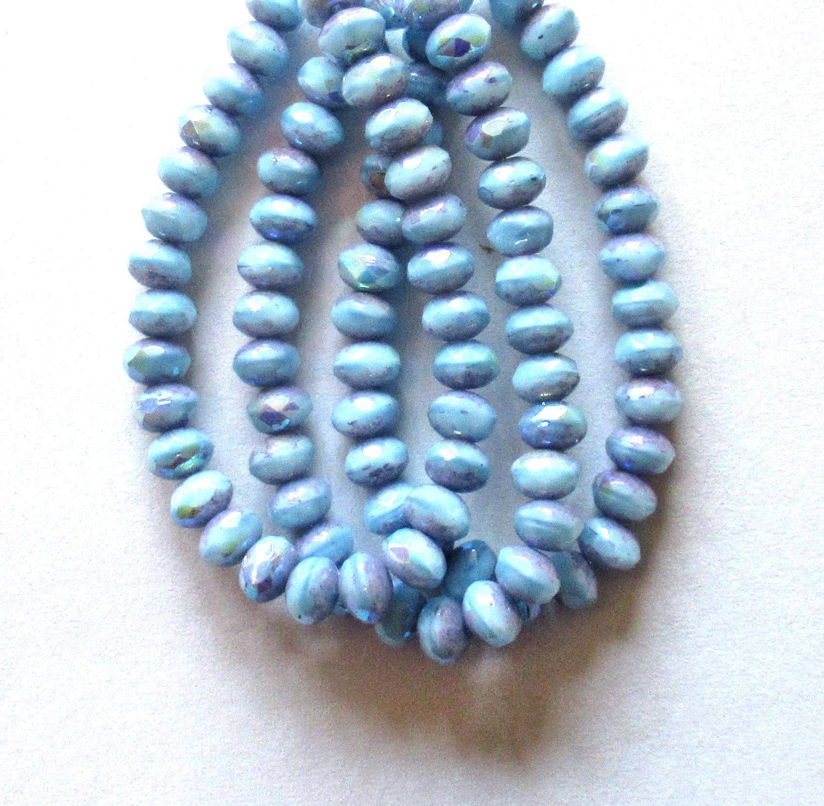 30 small Czech glass puffy rondelle beads - opaque baby blue AB w/ purple picasso accents - 3 x 5mm faceted beads - C00531