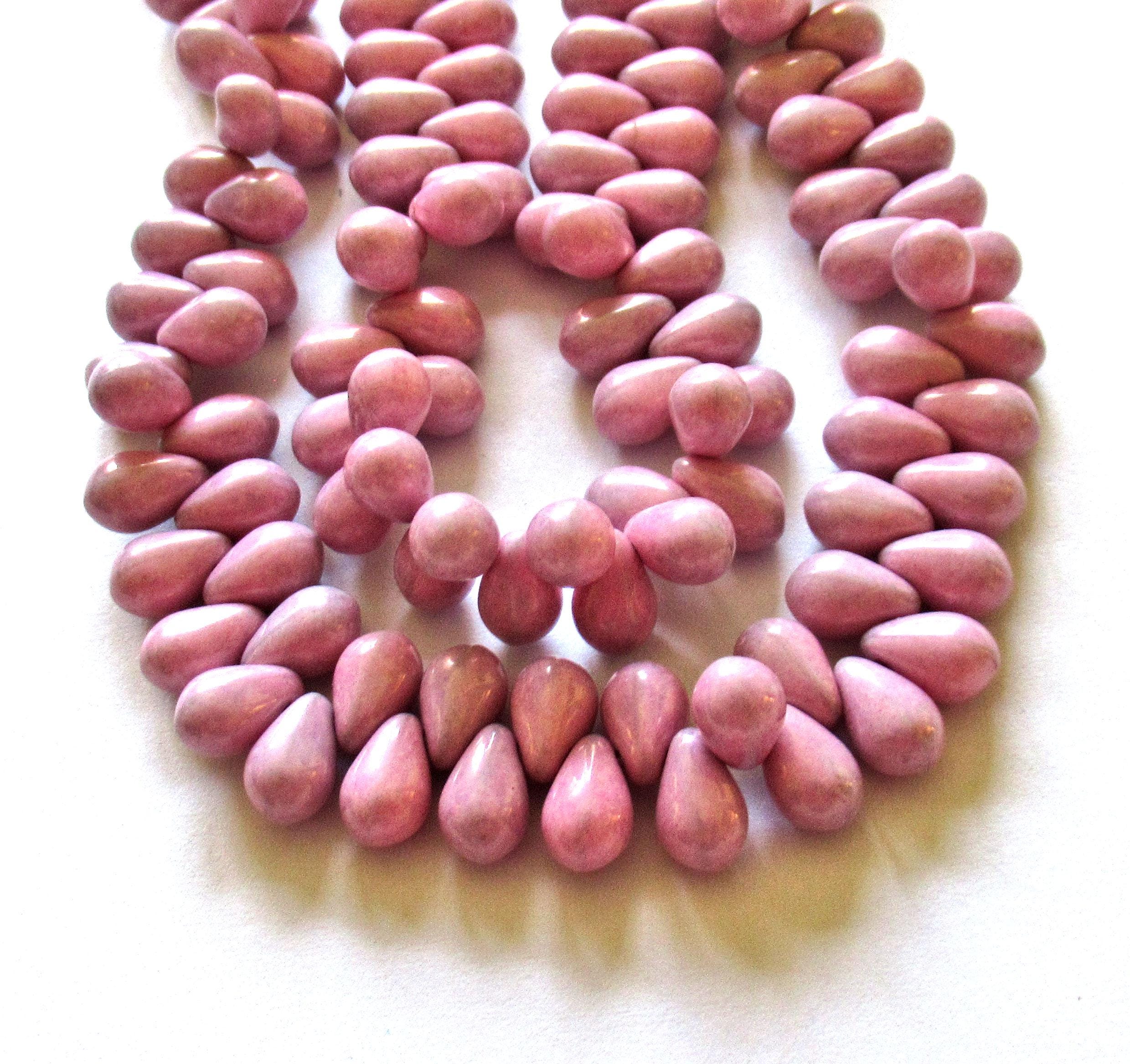 25 Czech glass drop beads - opaque pink - side drilled - smooth teardrop beads - 9 x 6mm - 00121