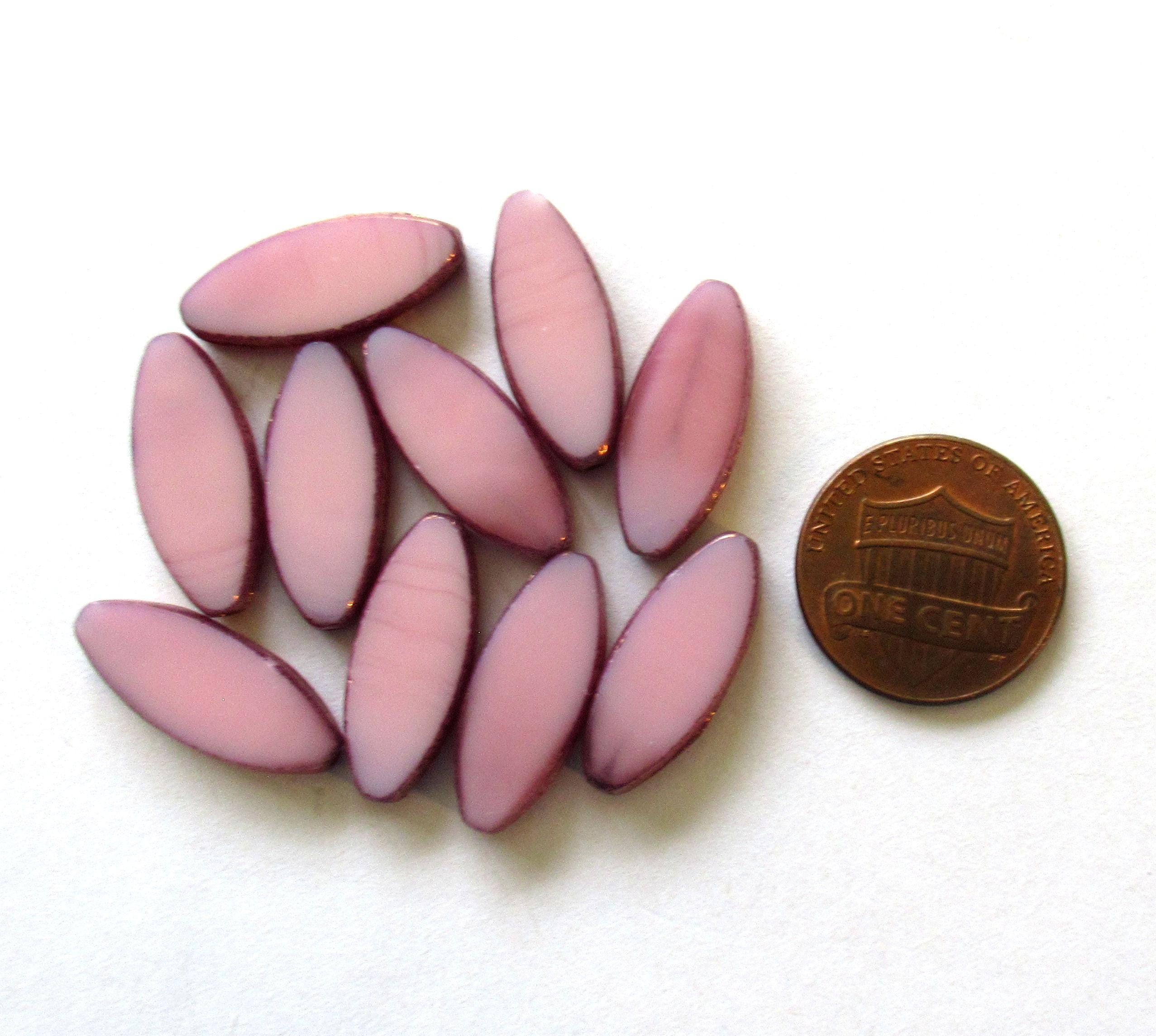 Ten large Czech glass spindle beads - opaque pink w/ purple bronze picasso accents - 20 x 9mm - table cut almond shaped oval beads - C00552