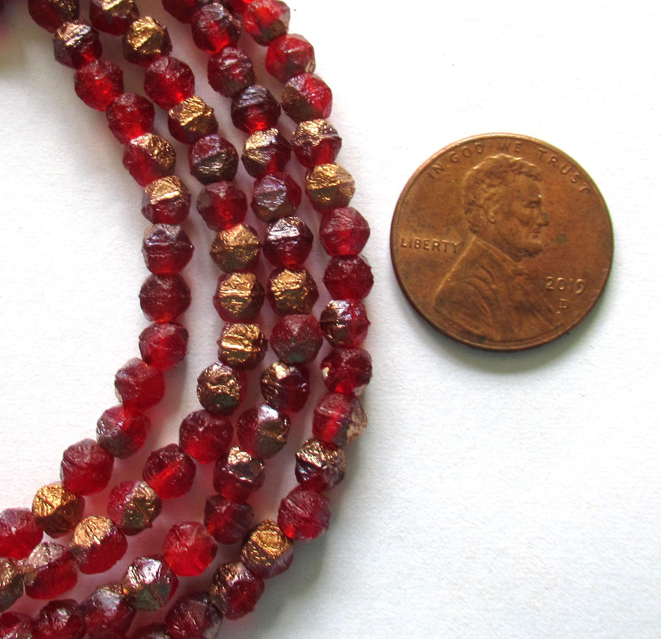 50 4mm Czech glass etched English cut beads - ruby red beads with copper accents - C00311