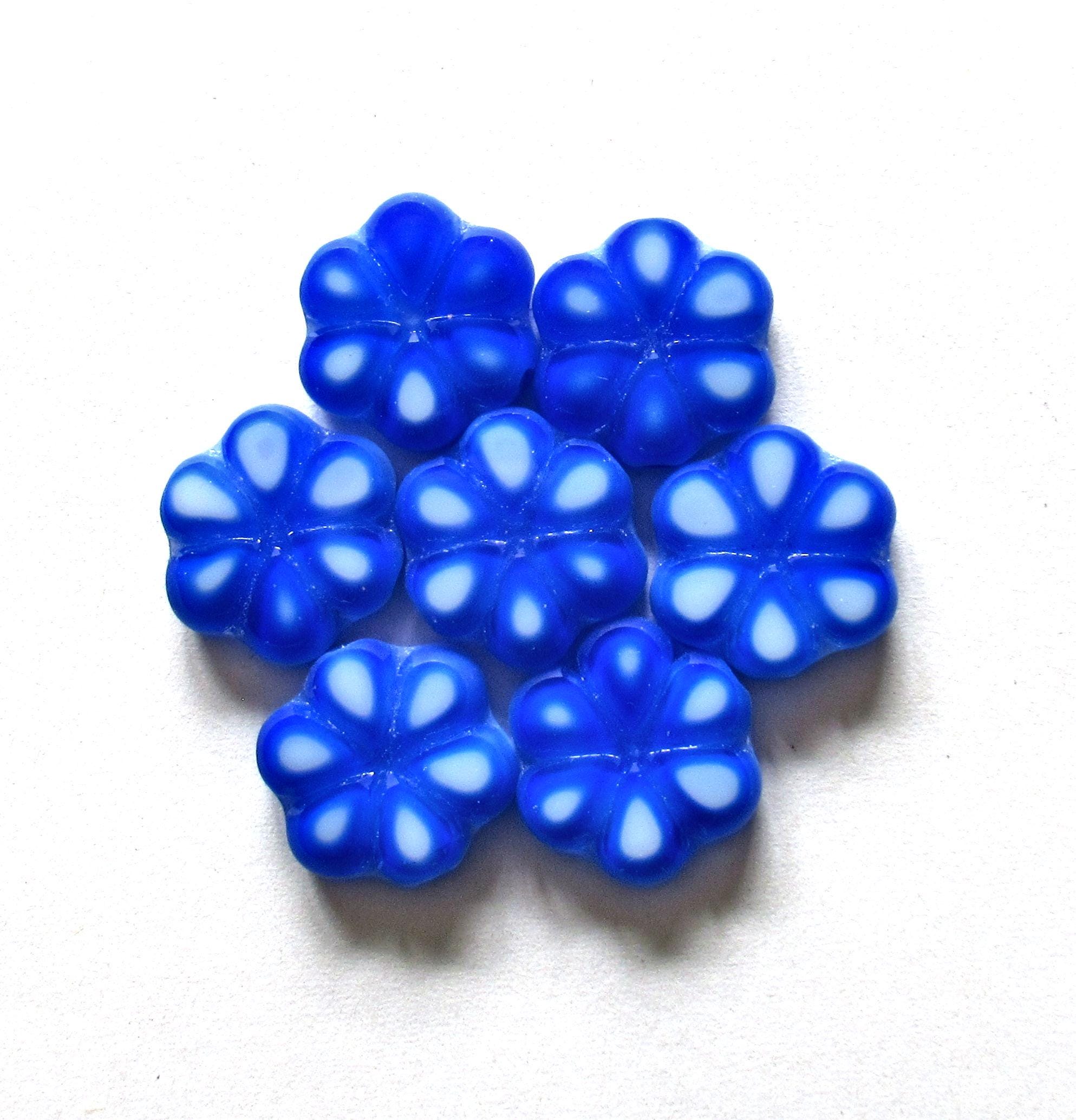 Lot of five Czech glass flower beads - 15mm - opaque blue & white table cut beads - C00302