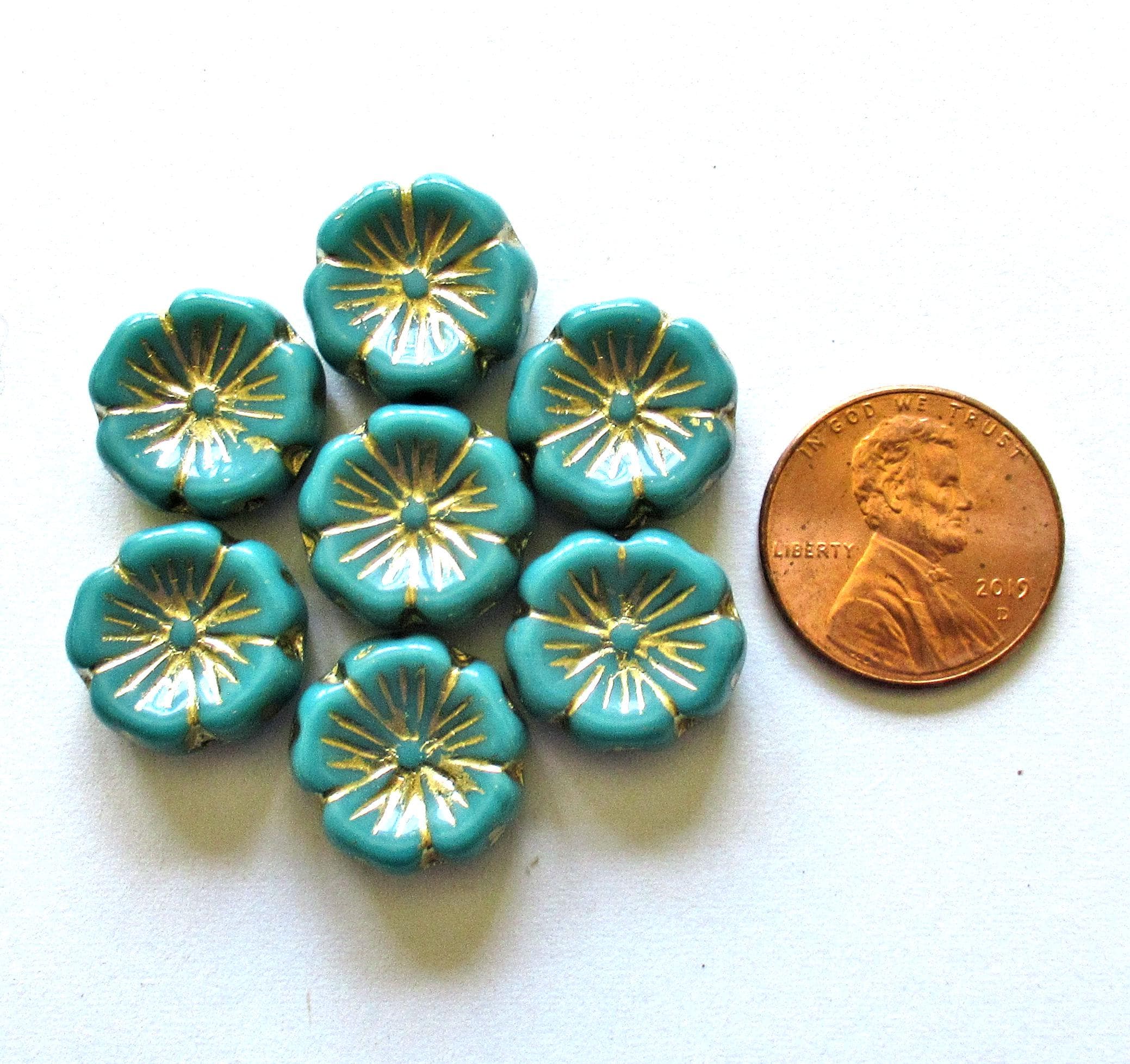 Six 14mm Czech glass flower beads - opaque green w/ a gold wash - carved Hawaiian hibiscus Flower beads - C00141