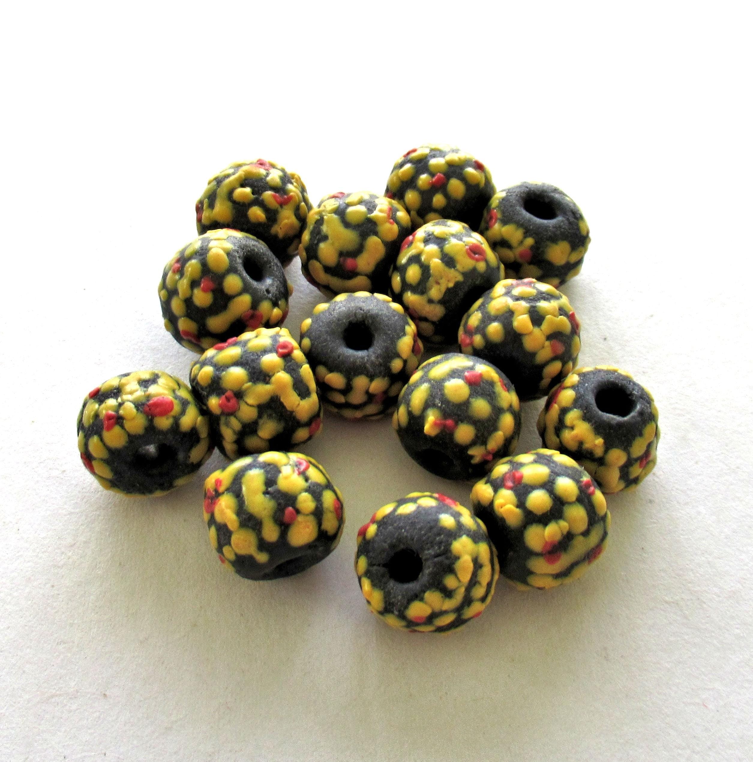 African Ghana Krobo glass rondelle beads - brown w/ orange & red dots - 11 to 12mm by 9 to 10mm - big hole rustic beads - 8 beads - C00611