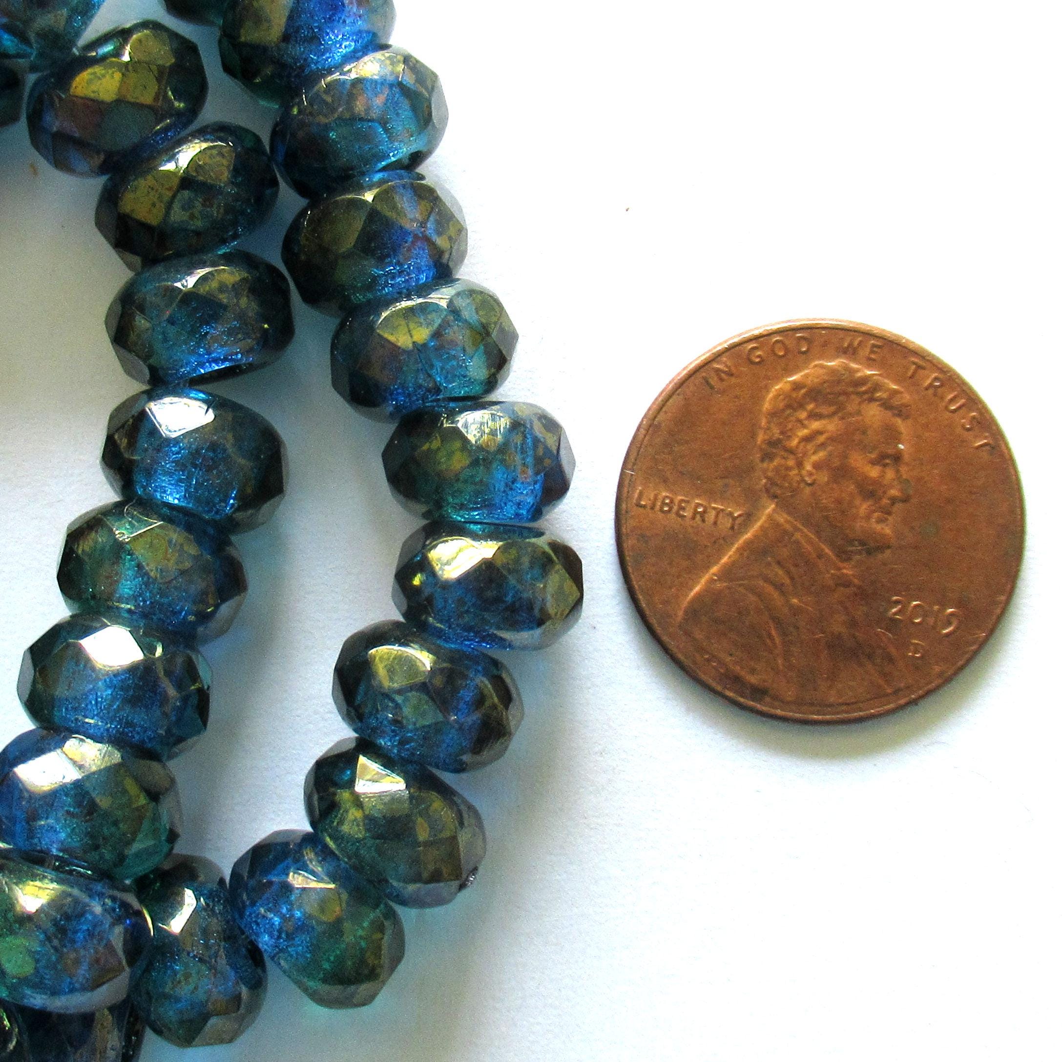 Ten faceted Czech glass roller or rondelle beads - blue & green gold luster - 9 x 6mm - 3mm holes - big hole donut beads - 00441