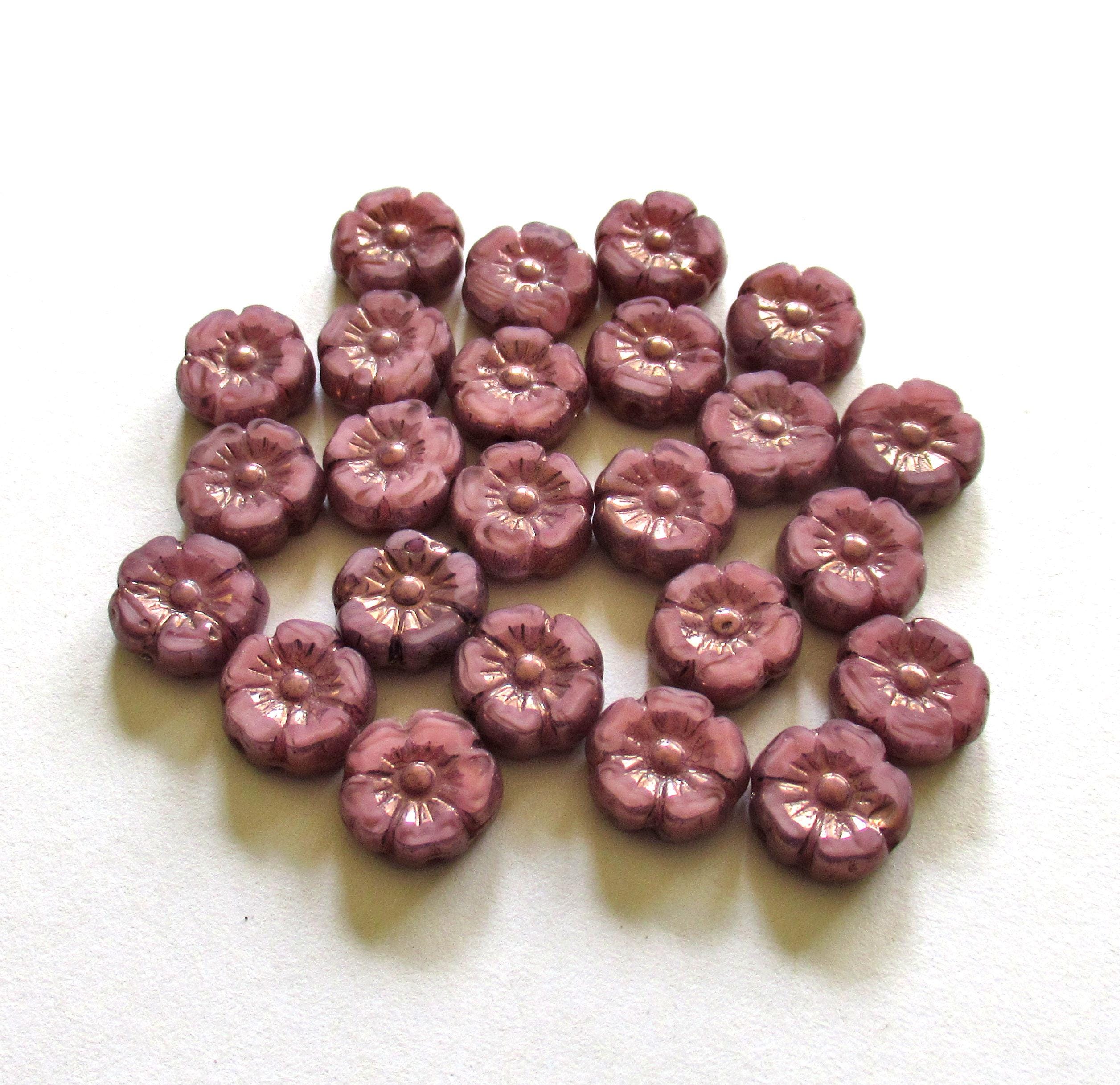 Ten 10mm Czech glass flower beads - opaque marbled pink silk w/ a bronze wash - Hawaiian hibiscus flowers - C00052