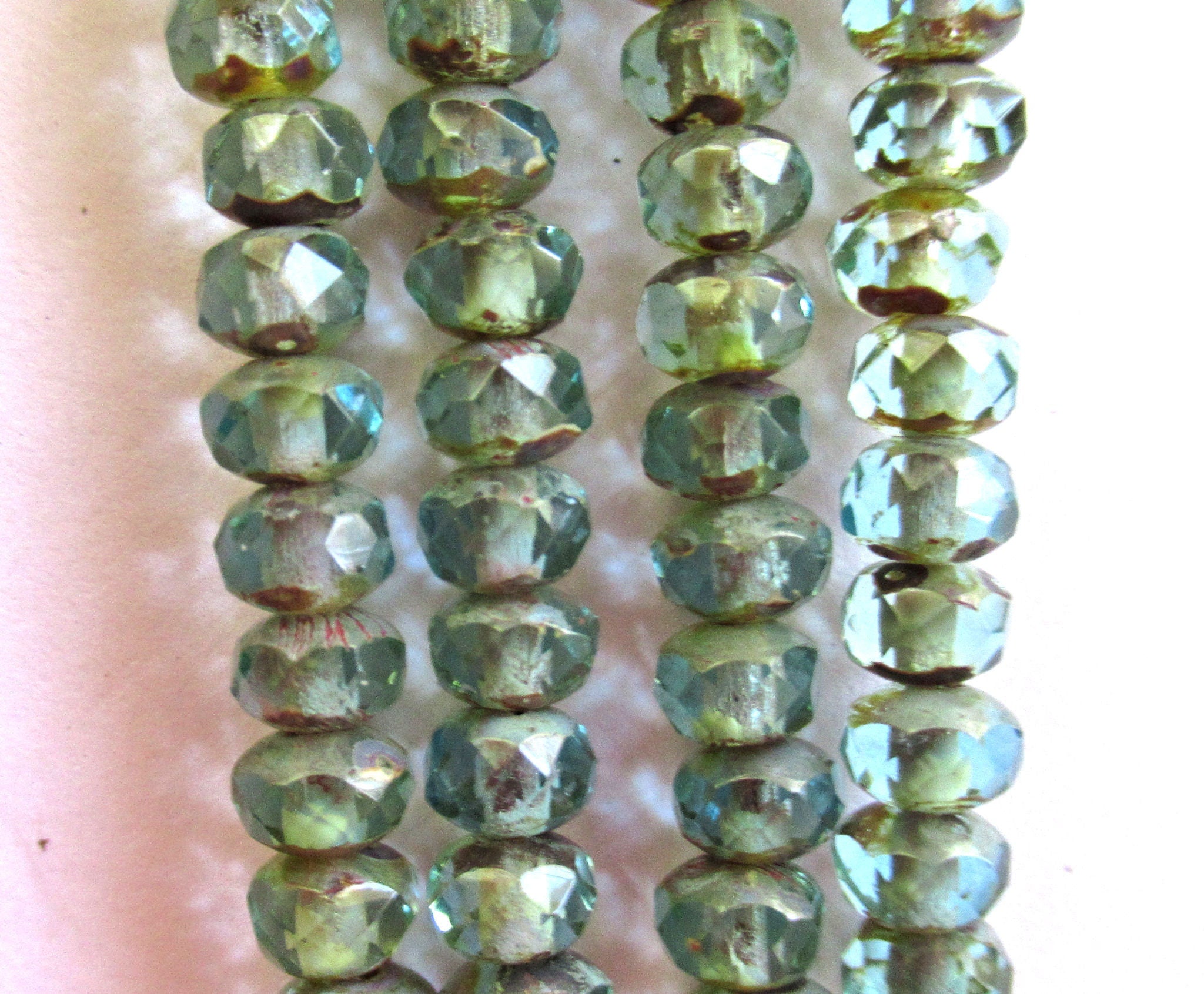 38 small Czech glass puffy rondelle spacer beads - 3 x 5mm faceted aqua blue picasso rondelles C0036