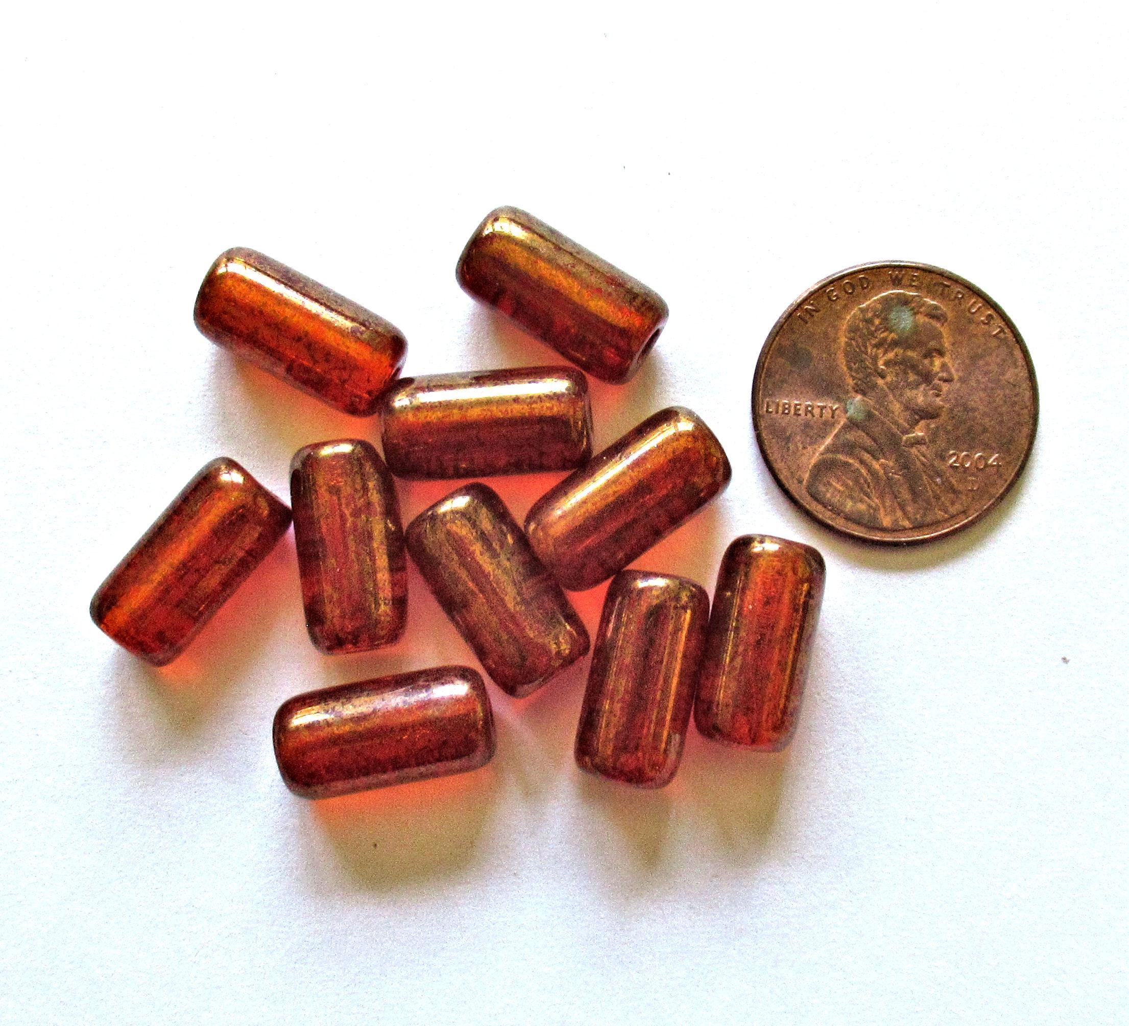 Ten Czech glass tube beads - light red w/ gold luster finish & big 2mm holes - 7 x 14mm - C00361