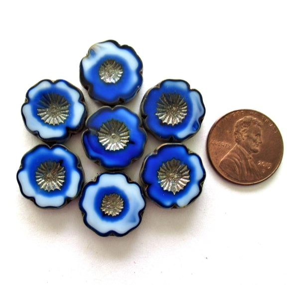 Six 16mm Czech glass flower beads - opaque marbled blue & white with silvery picasso accents - Hawaiian hibiscus flowers - 00612
