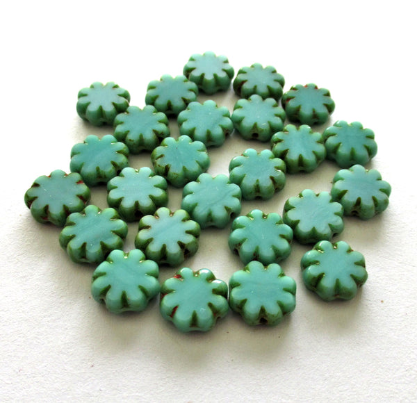 15 Czech glass flower beads - turquoise green picasso beads - 9mm - table cut cactus flower beads - C00261