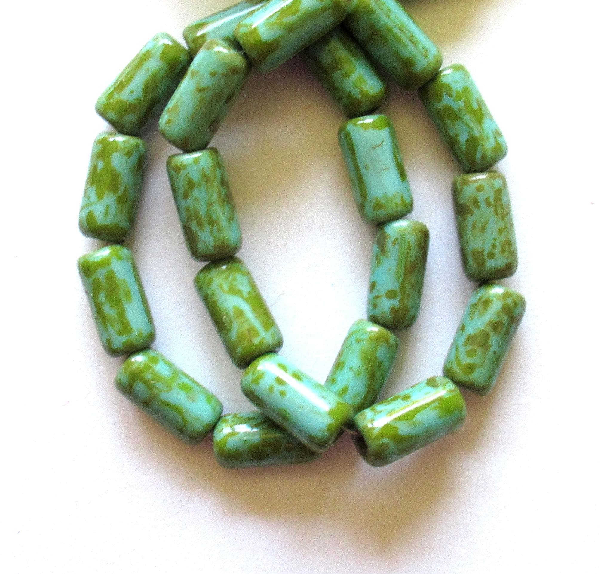 Ten Czech glass tube beads - turquoise green w/ picasso coat & big 2mm holes - 7 x 14mm - C00031