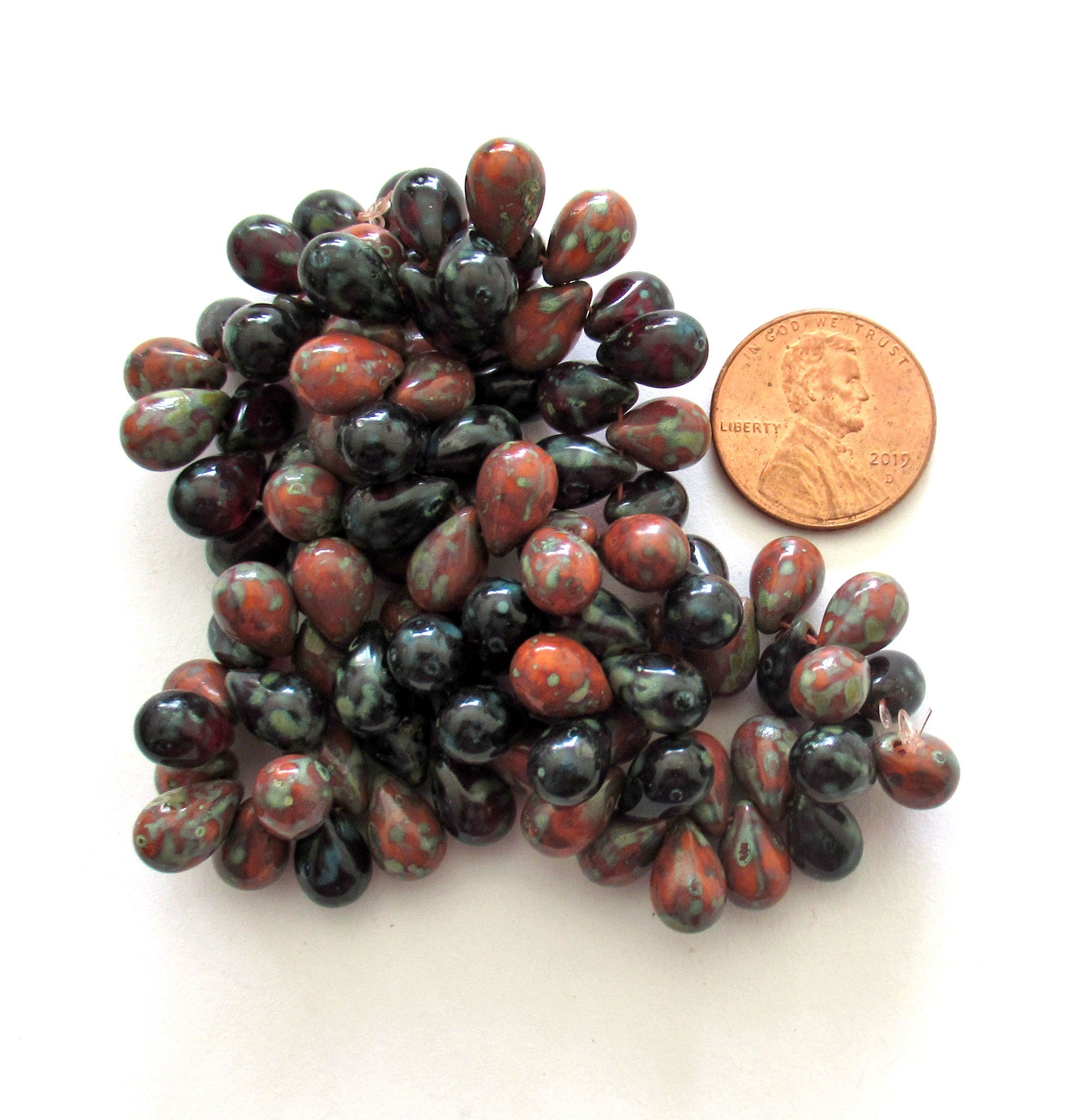 25 Czech glass drop beads - transparent garnet & opaque rust orange red with a picasso finish - smooth teardrop beads - 9 x 6mm C0049