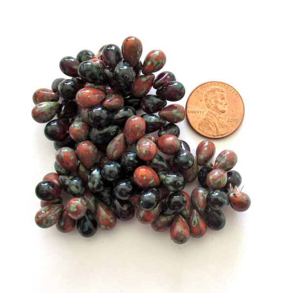 25 Czech glass drop beads - transparent garnet & opaque rust orange red with a picasso finish - smooth teardrop beads - 9 x 6mm C0049