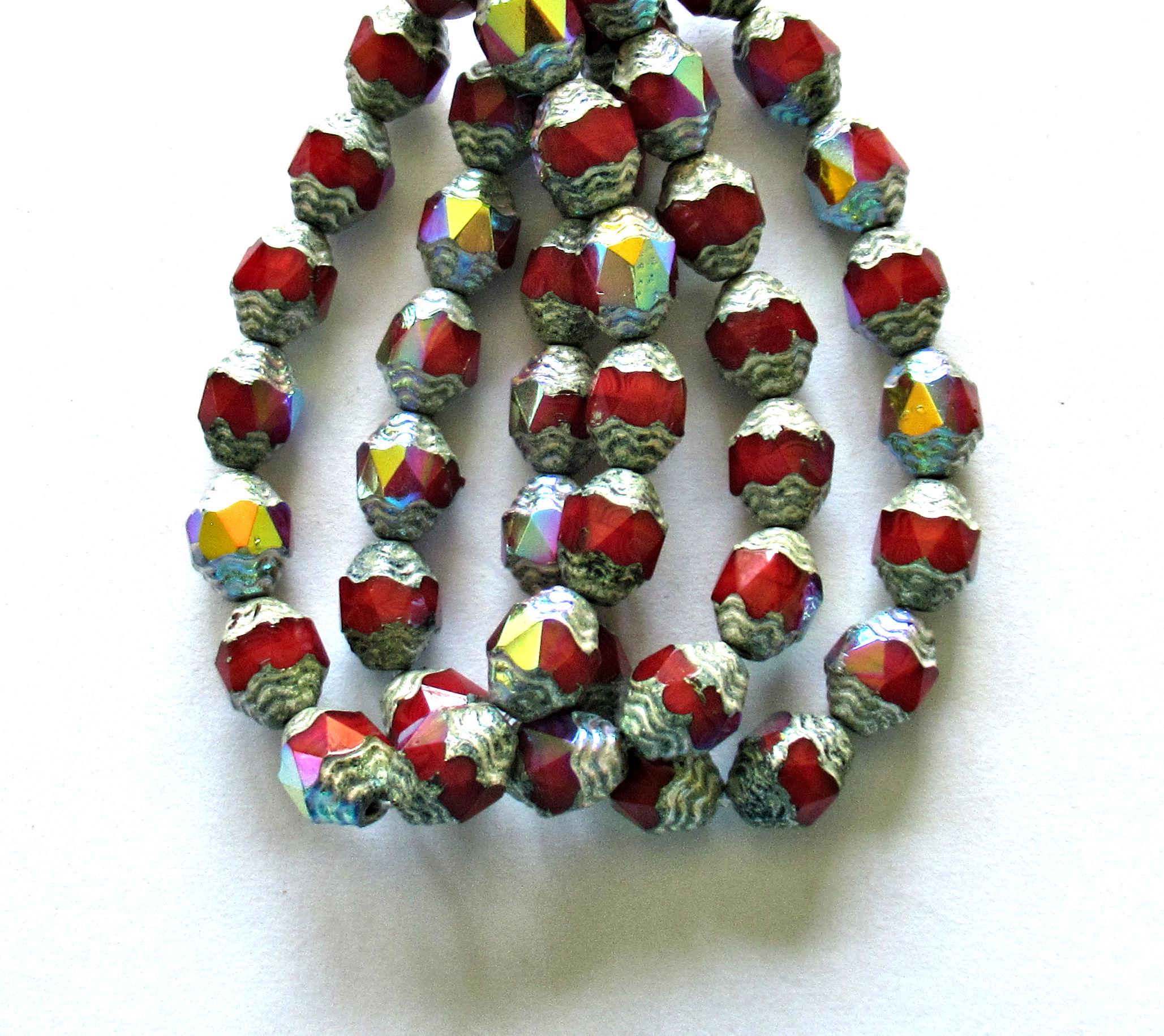15 Czech glass mini antique style faceted oval beads - 8 x 6mm - red with silver accents & rainbow ab finish - cathedral beads - C00672