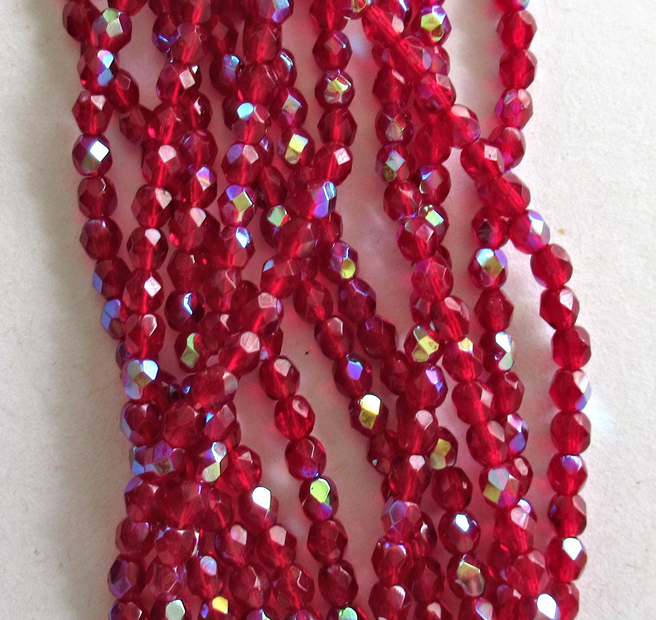 50 4mm Czech glass faceted beads - Ruby Red or Light Garnet AB - fire polished round beads - C0065