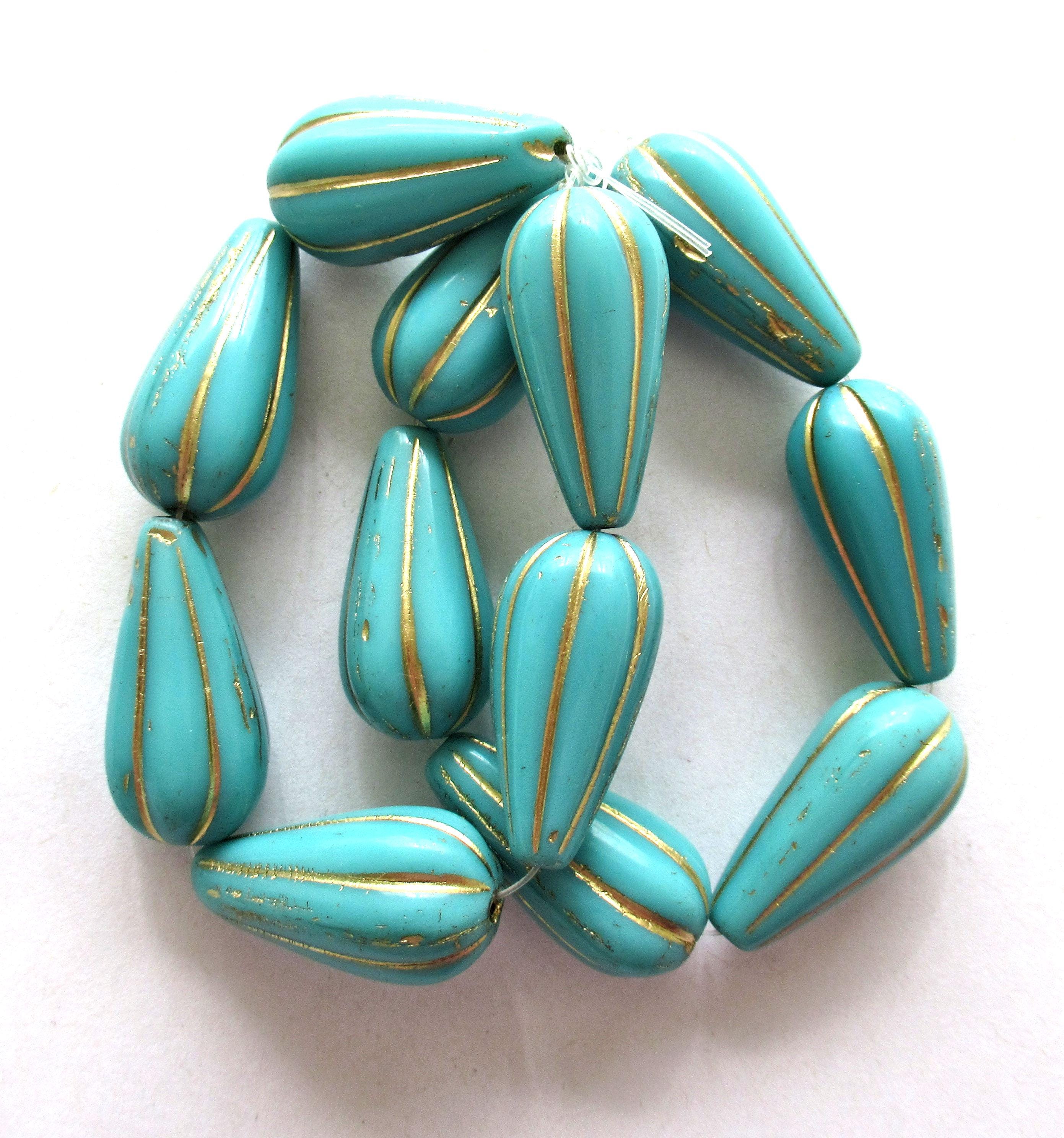 Six large Czech glass teardrop melon beads - turquoise blue green w/ gold accents - 22 x 11mm tear drop beads 00571