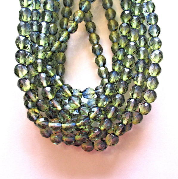 25 8mm Czech glass beads - olivine green & blue color mix - fire polished, faceted beads - C00401