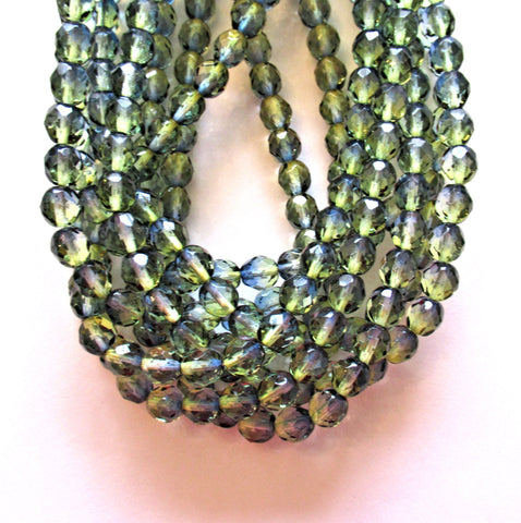 25 8mm Czech glass beads - olivine green & blue color mix - fire polished, faceted beads - C00401