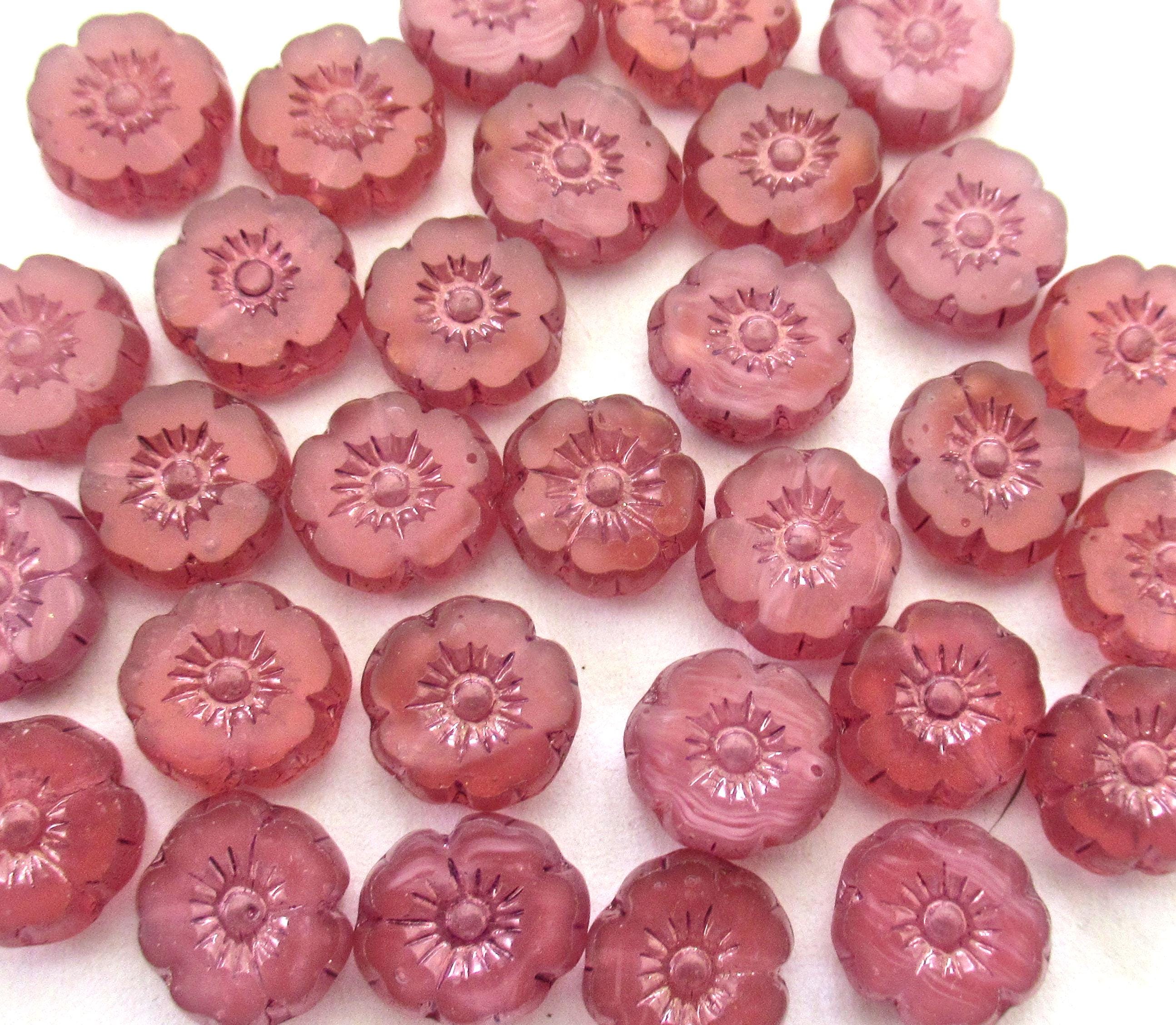 Lot of 15 8mm Czech glass flower beads - table cut - carved - dusty rose / milky pink - Hawaiian hibiscus flower beads C00431