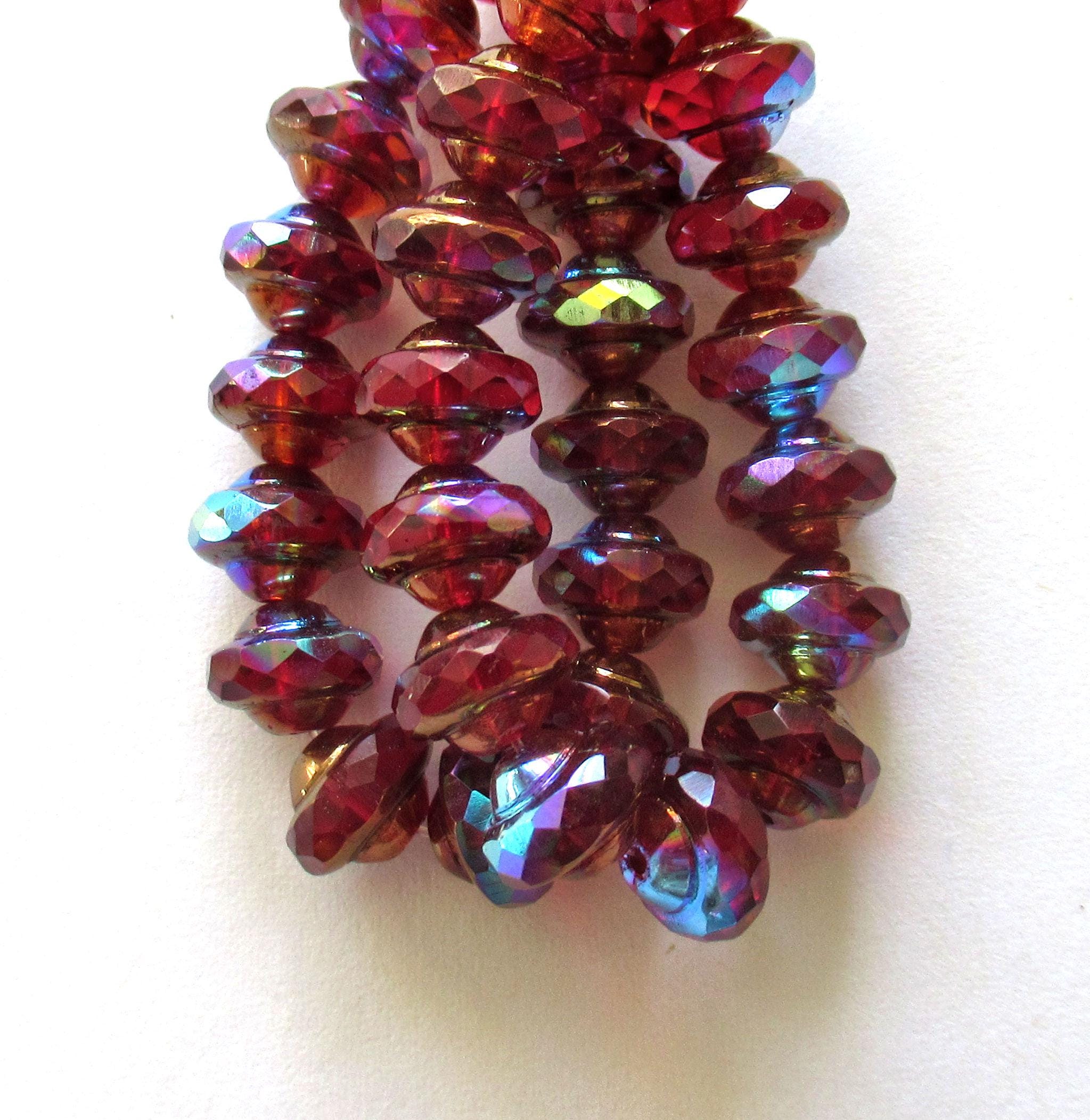 15 Czech glass mini faceted saturn or saucer beads - transparent red & orange w/ bronze and ab accents - 6 x 8mm - C00572