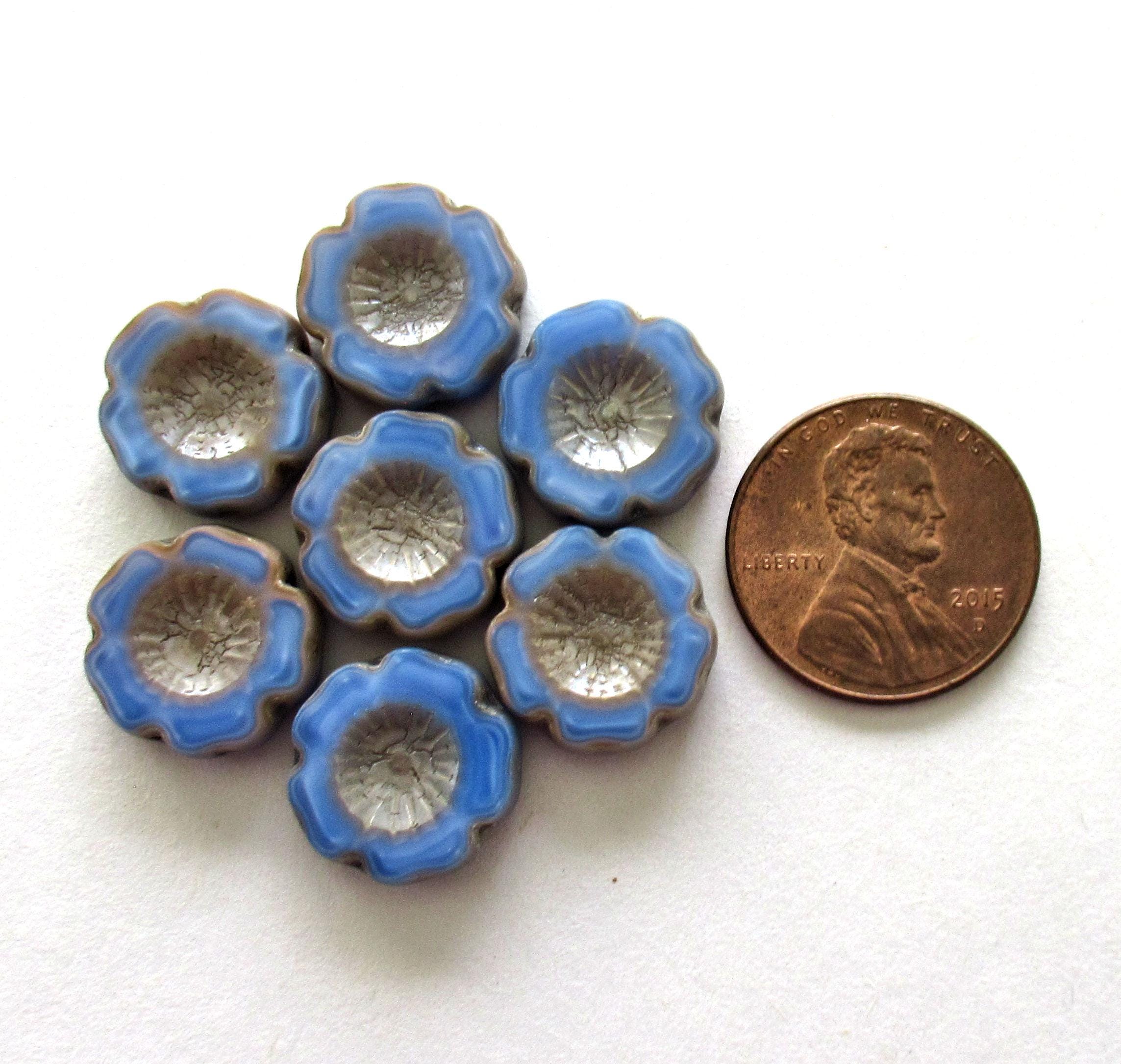 Six Czech glass flower beads - 14mm - marbled light blue w/ picasso accents - table cut carved - Hawaiian hibiscus flower beads C00021