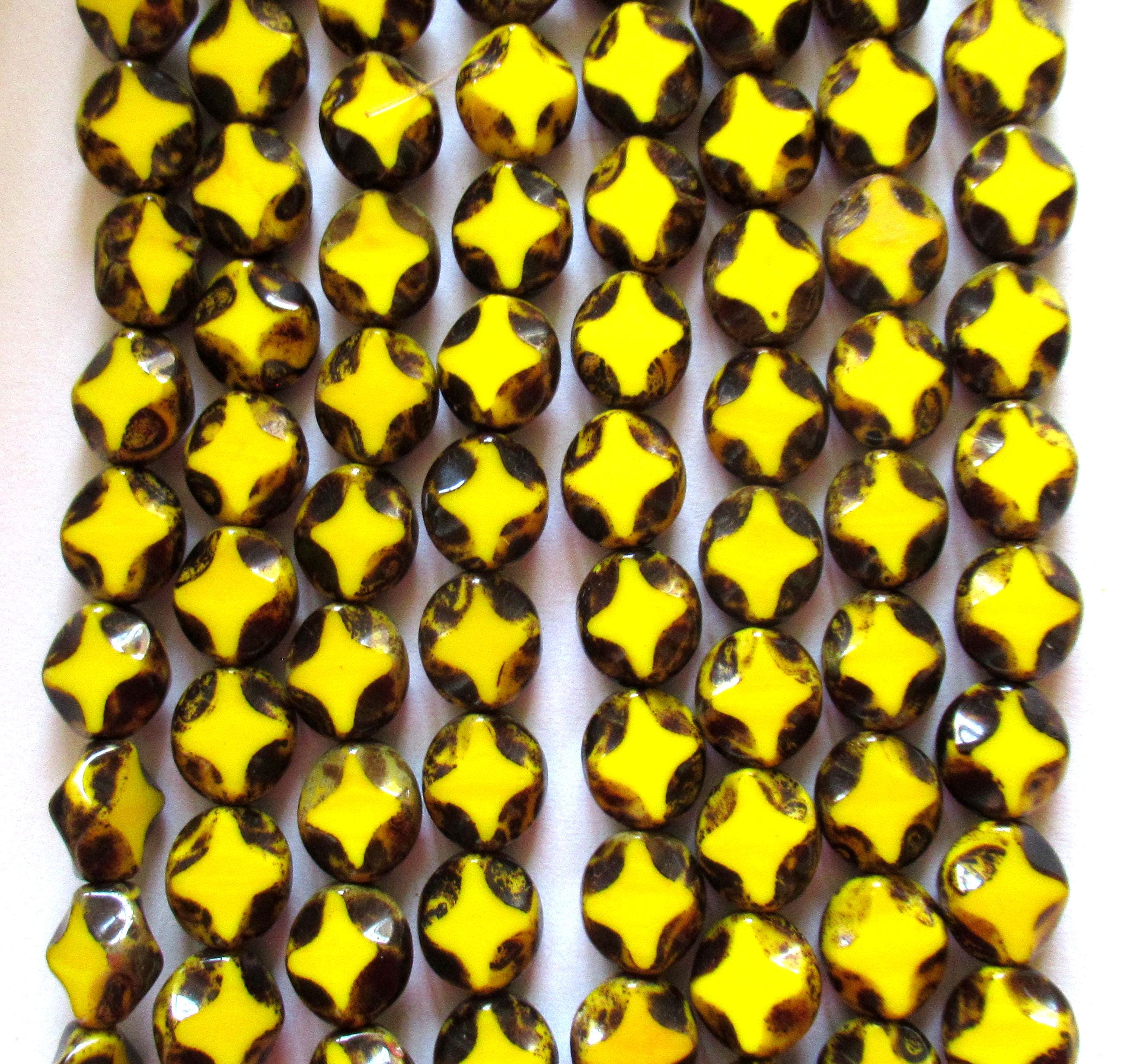 10 Czech glass oval beads - 9 x 8mm - opaque yellow picasso beads - carved table cut beads with a diamond pattern - C0121