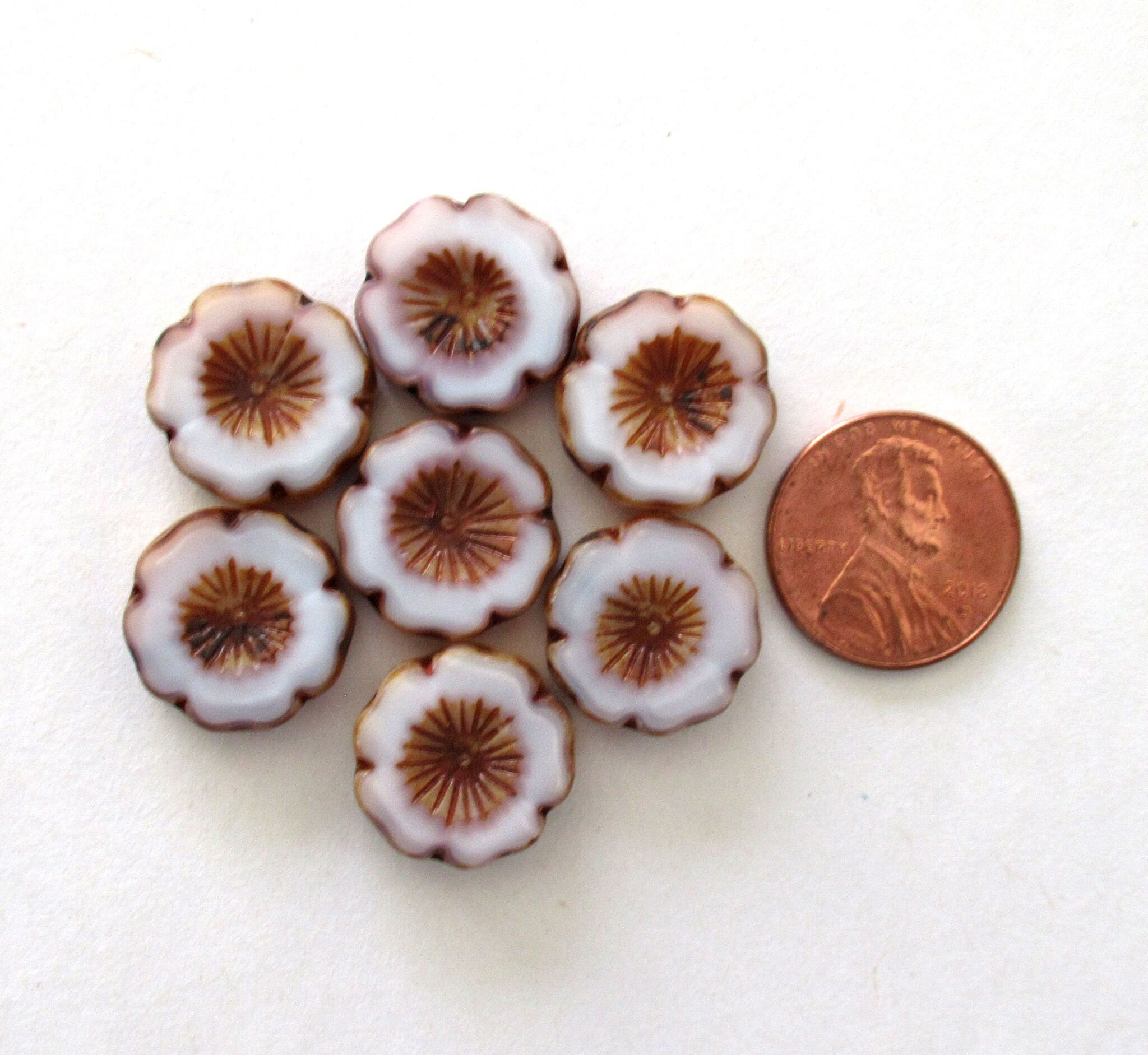 Five 16mm Czech glass flower beads - silky marbled white picasso table cut, carved, Hawaiian flower beads C00871
