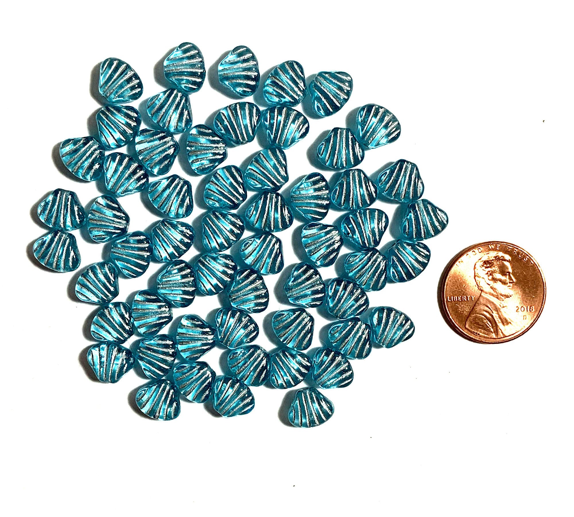 Twenty 8mm seashell, fan or clam beads - transparent aqua blue with silver accents - C0098